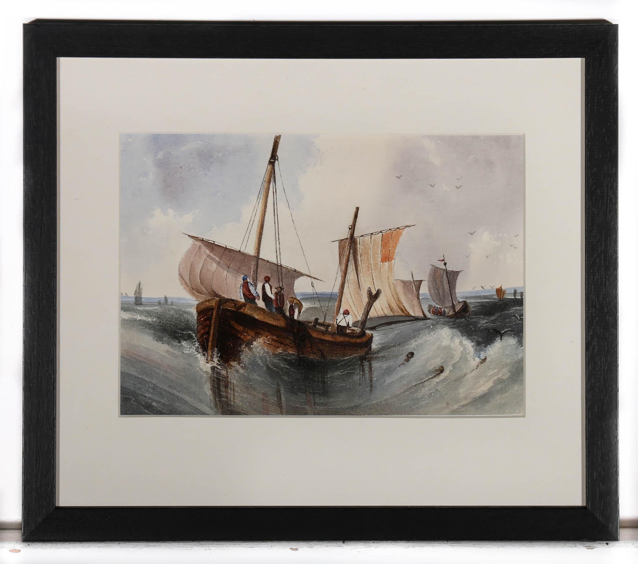 A charming watercolour scene from the 19th century period, depicting a group of sailors out in a rocky swell. Boats can be seen swaying from side to side as the men on board brace to ride out these gut churning waves. Unsigned. The nautical scene