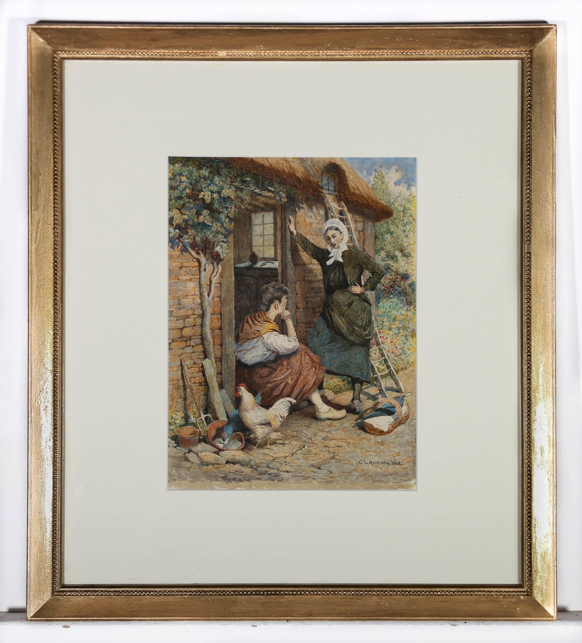 George L. Harrison (1855-1925) - Framed 1888 Watercolour, At the Cottage Door For Sale 1