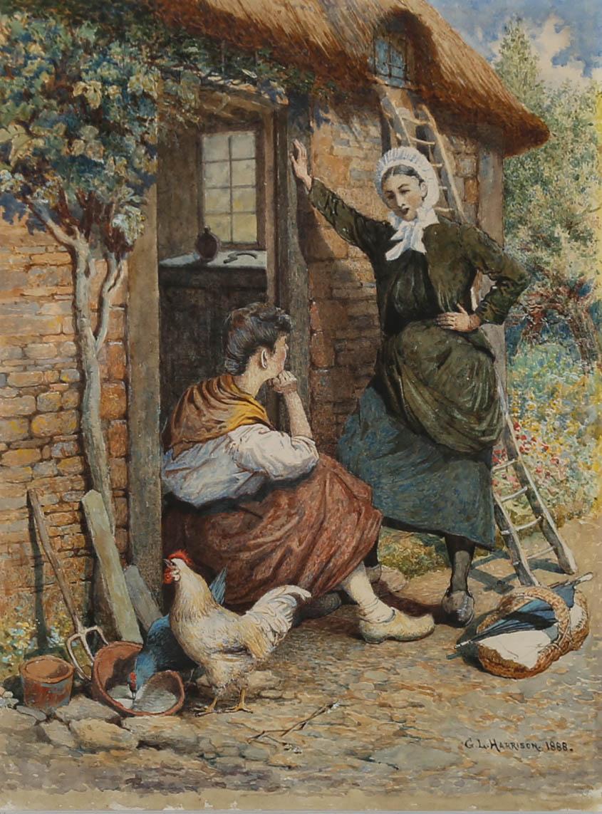 This wonderful watercolour study by George L. Harrison (1855-1925), depicts two Dutch women conversing on the doorstep of a thatched cottage with chickens pecking in the foreground. The watercolour is signed and dated to the lower right-hand corner.