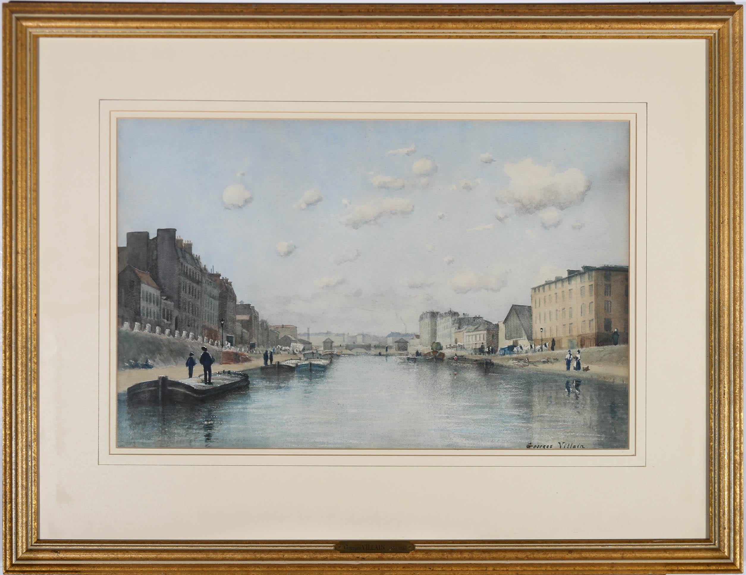Eine perspektivische Flussszene in Aquarell von Georges Villain (1854-1930), die französische Stadthäuser parallel zu vertäuten Kähnen auf einer belebten Wasserstraße zeigt. Das Gemälde ist in der rechten unteren Ecke signiert. Gut präsentiert in