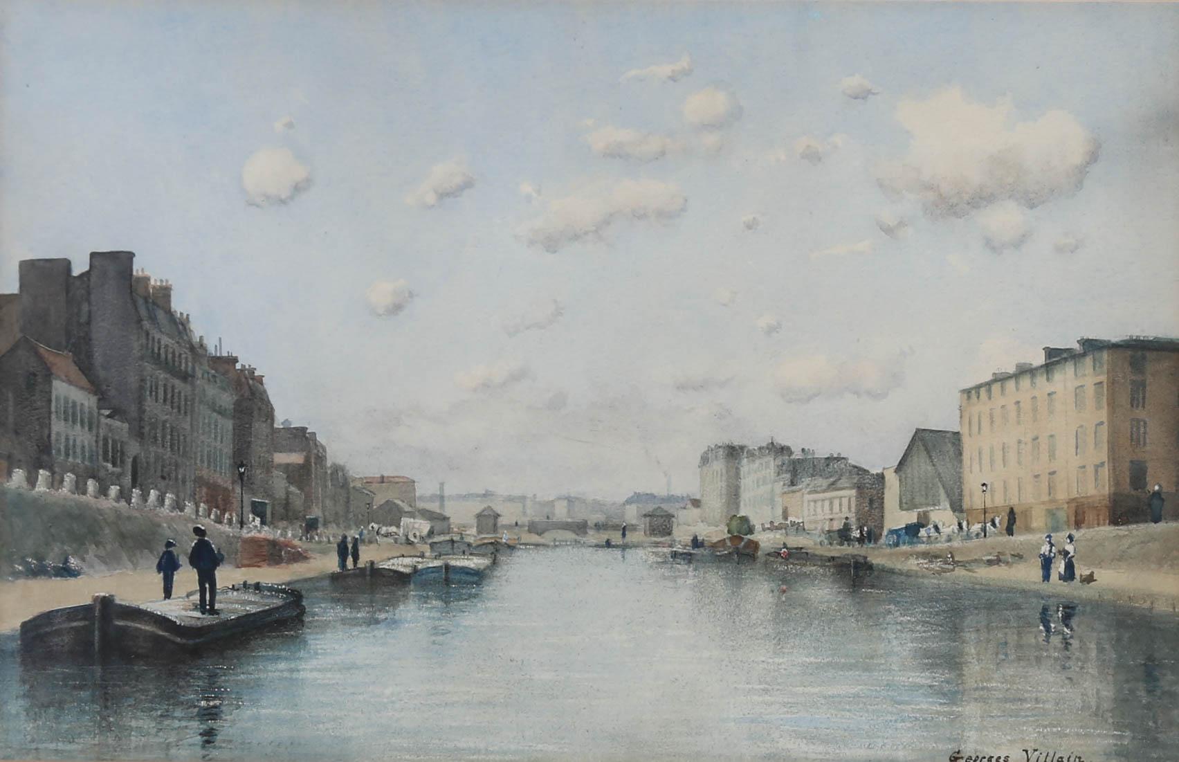 A perspective river scene in watercolour by Georges Villain (1854-1930), depicting french town houses in parallel with moored barges on a busy waterway. The painting is signed to the lower right-hand corner. Well presented in a wash-line mount and