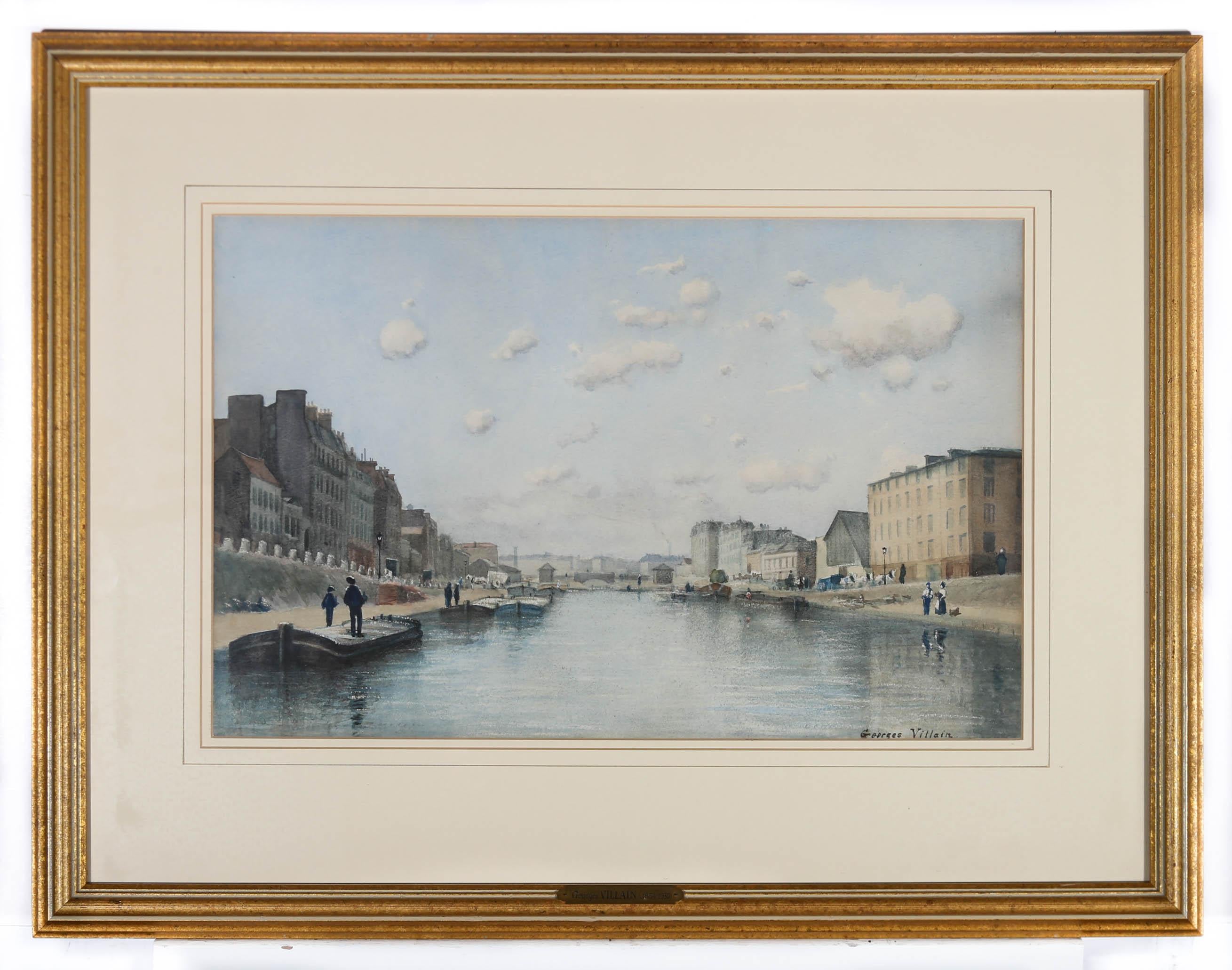 A perspective river scene in watercolour by Georges Villain (1854-1930), depicting french town houses in parallel with moored barges on a busy waterway. The painting is signed to the lower right-hand corner. Well presented in a wash-line mount and