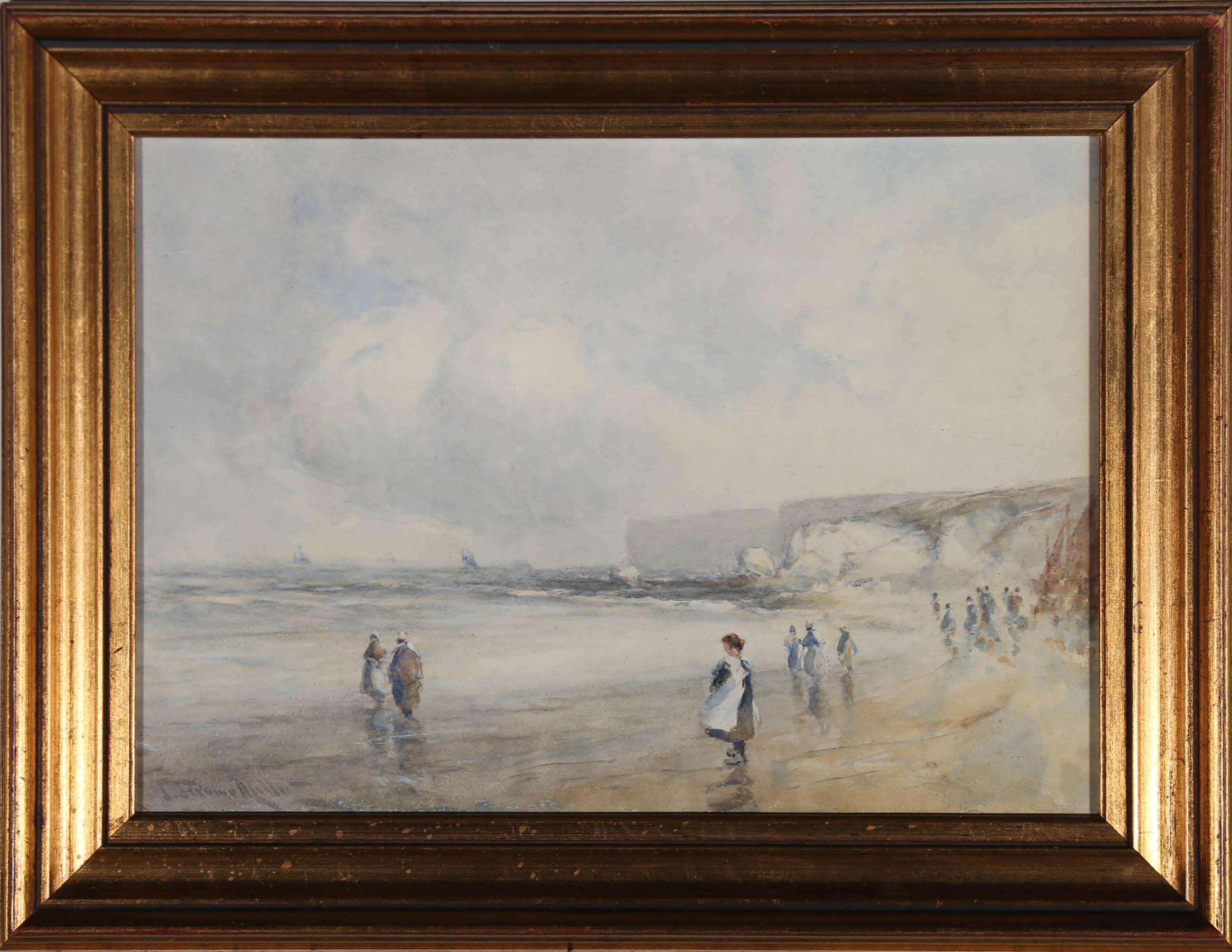 This accomplished watercolour scene depicts fisherfolk waiting on the shoreline for boats to come in. Fishwives wear long shawls and aprons that blow in the strong winds as they look out to sea. The artist perfectly captures the atmosphere of a