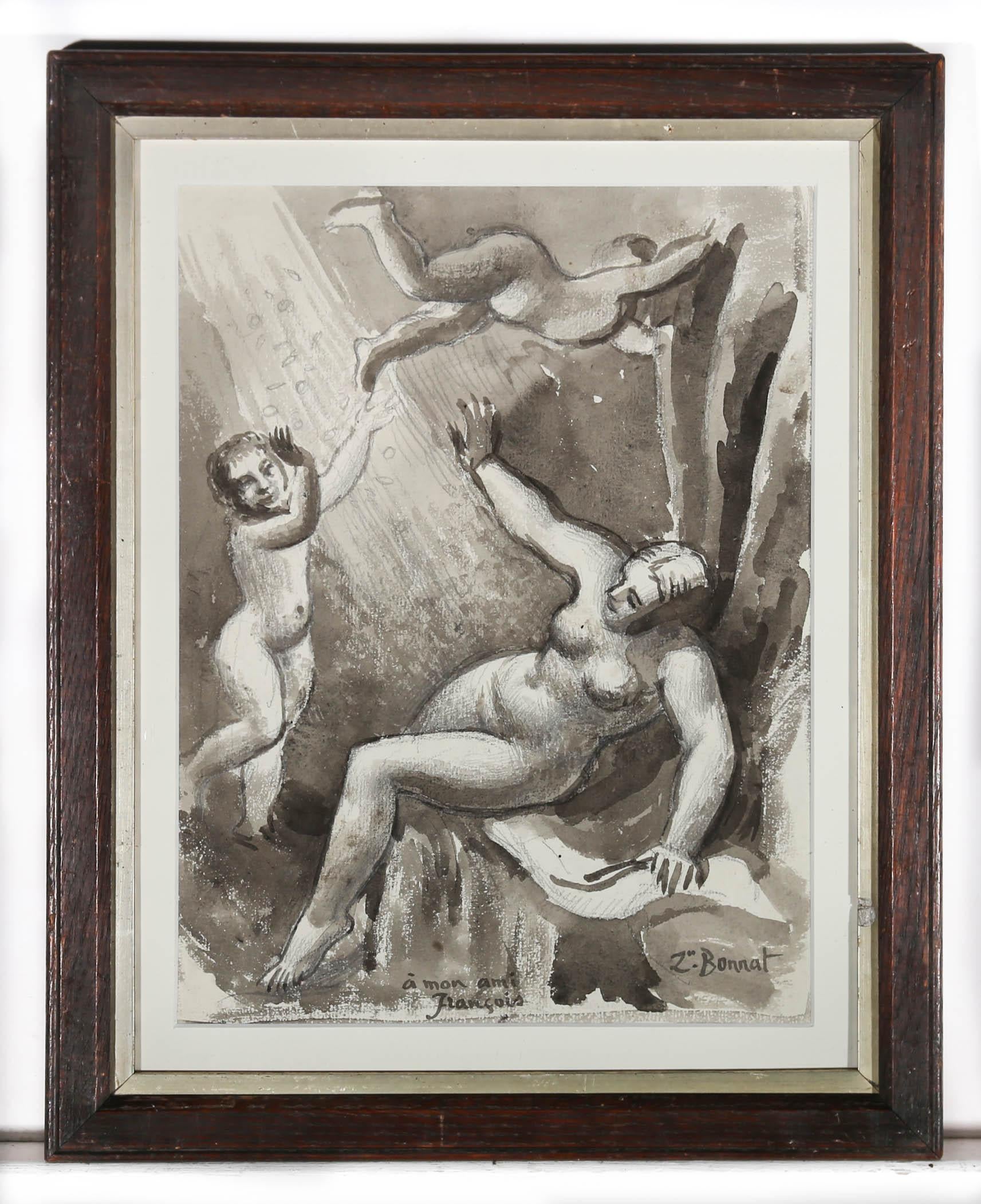 Bonnat – Französische Schule des 20. Jahrhunderts, Aquarell, weiblicher Akt mit Putten im Angebot 2