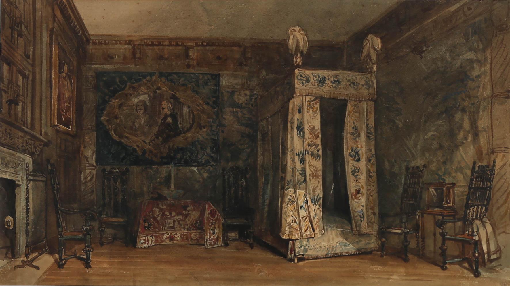 Fine Late 19th Century Watercolour - Jacobean Bedroom Interior - Art by Unknown