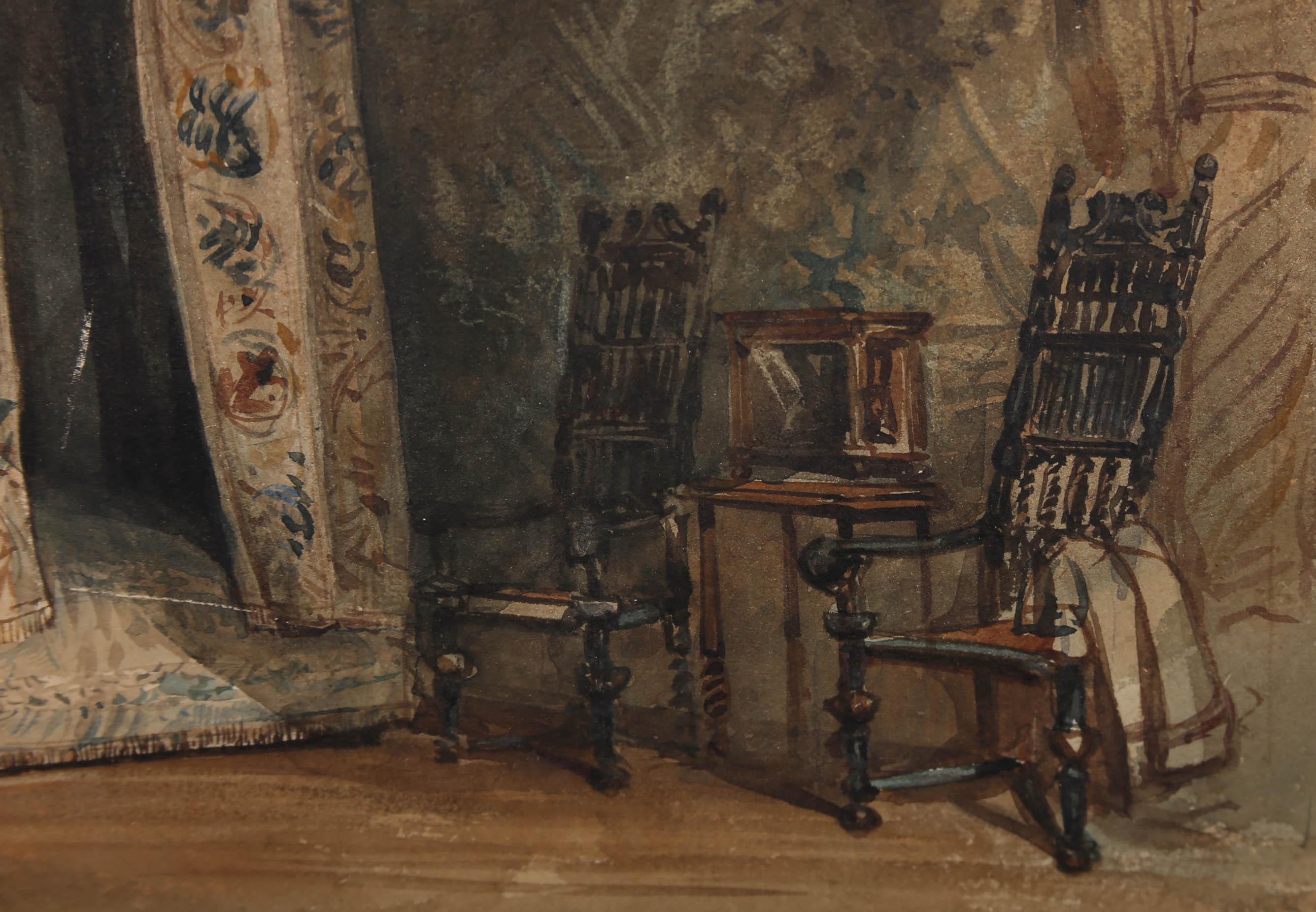 Fine Late 19th Century Watercolour - Jacobean Bedroom Interior For Sale 2