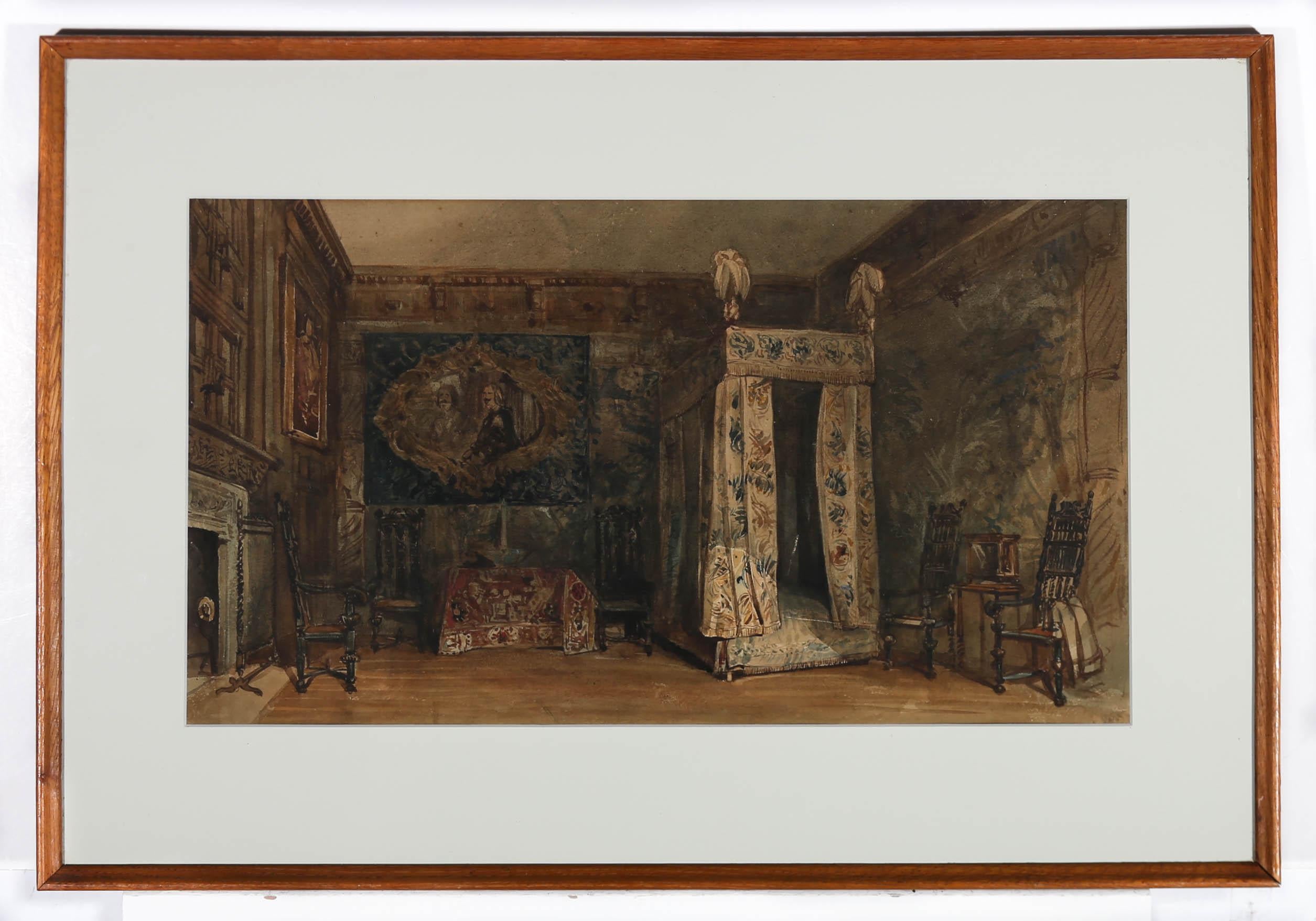 An exquisite watercolour study depicting the interior of a lavish Jacobean bedroom. The walls are adorned with tapestries covering the wood panelling and a grand four-poster bed sits snugly in the corner of the room. The light from the window