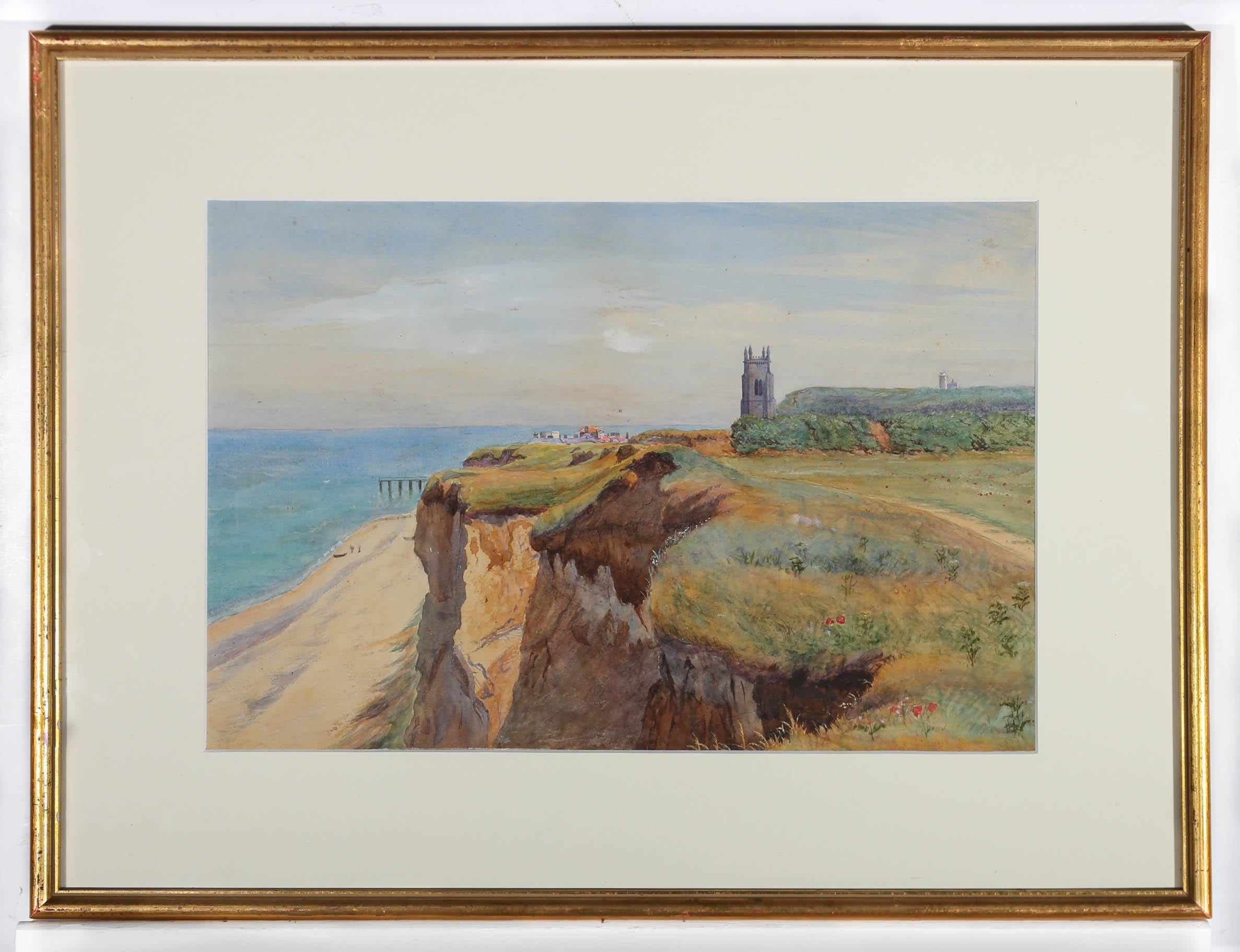 This delightful 19th century watercolour depicts a sweeping view along Norfolk's north coast, with the peeping town of Cromer and its towering parish church visible in the distance. The painting has been beautifully presented in a new card mount and