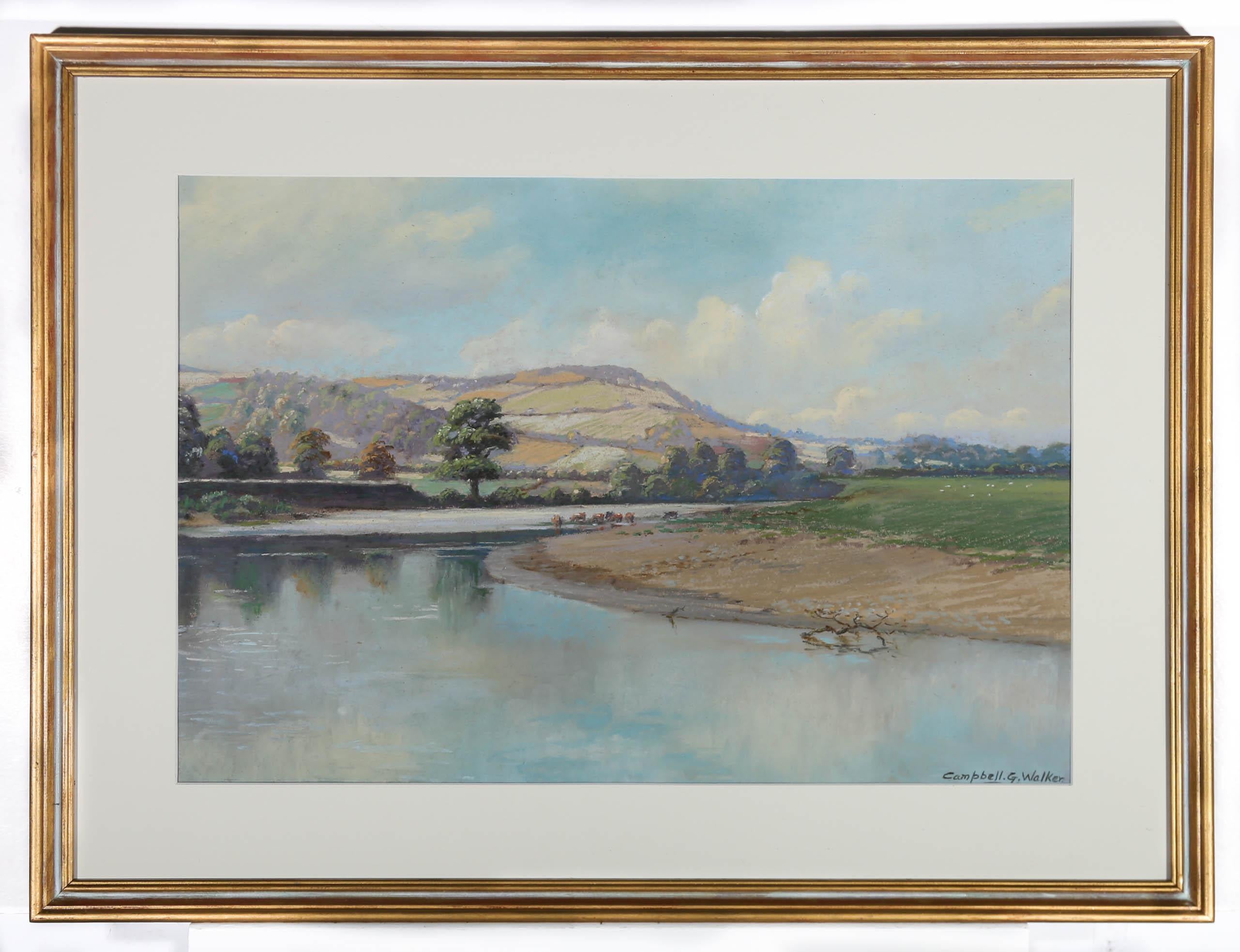 Campbell G. Walker - Framed 20th Century Pastel, Cattle Watering For Sale 1