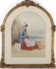 Delia Robins (fl. 1856-1858) - 1854 Aquarelle, Knitting by the Sea