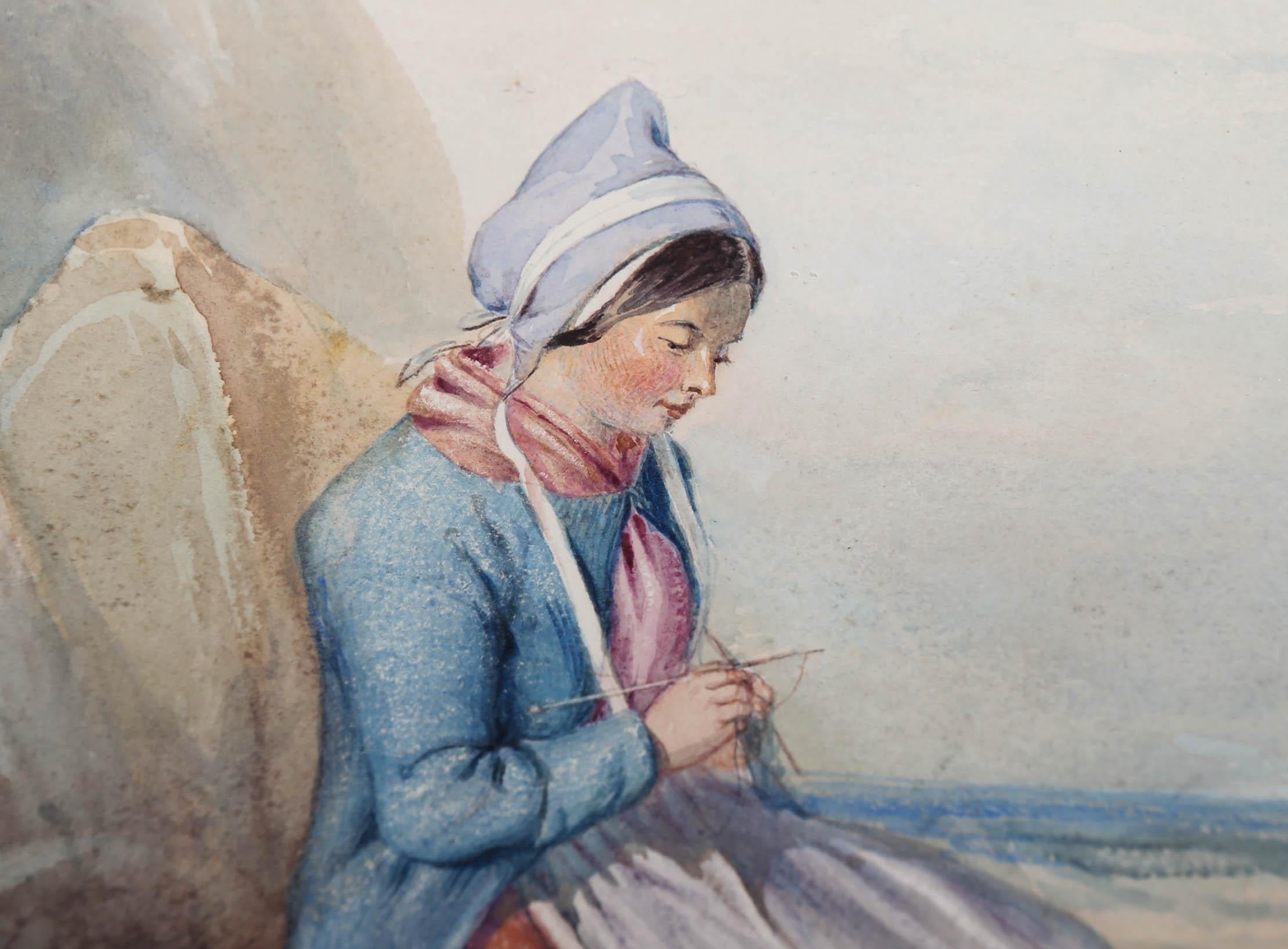 Delia Robins (fl. 1856-1858) - 1854 Watercolour, Knitting by the Sea For Sale 2
