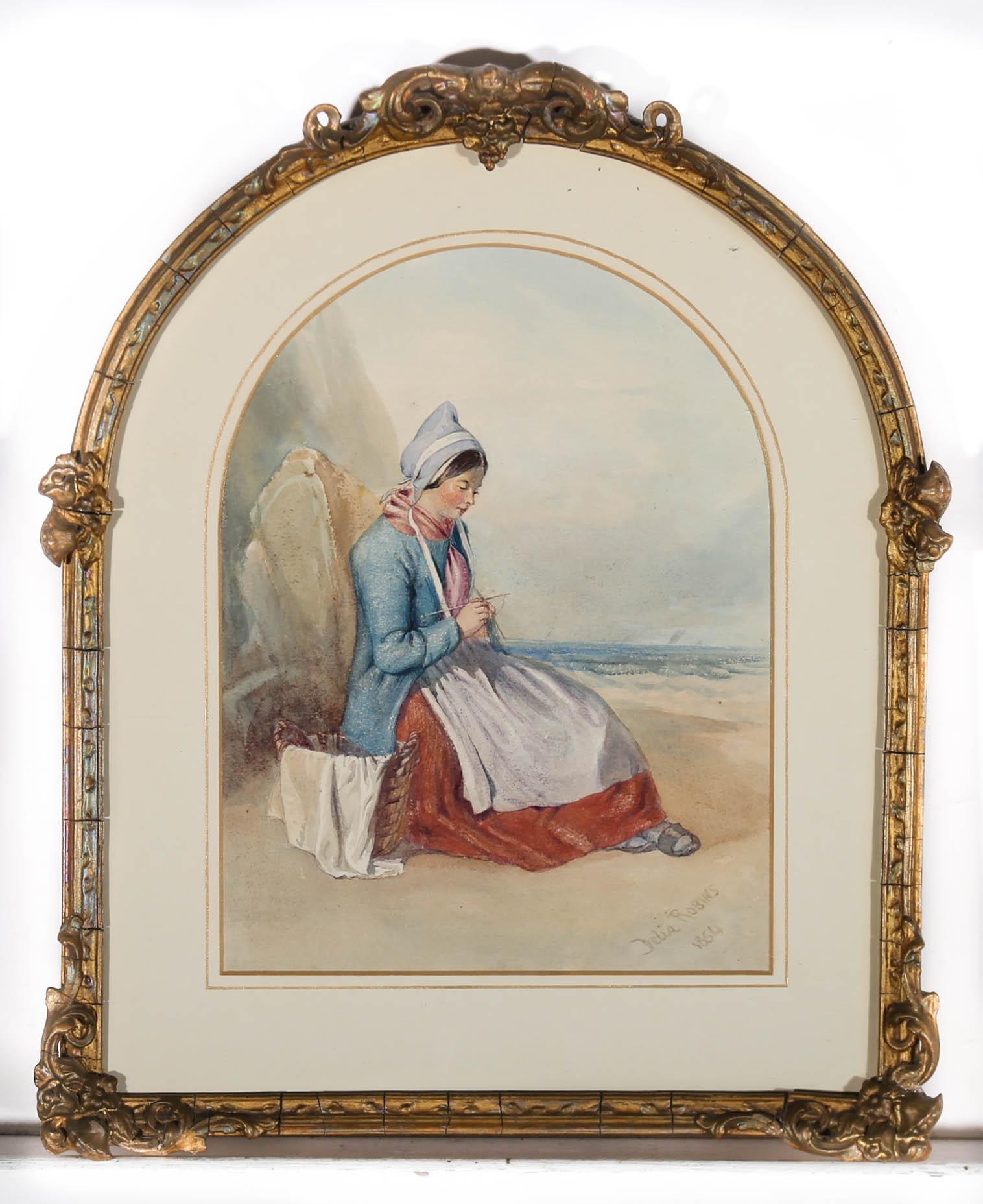 This delightful scene depicts a woman perched on a rock looking intently at her knitting. In the background waves crash against the sandy shoreline. The artist pays particular attention to the fine folds in the woman's clothes that carefully fall to