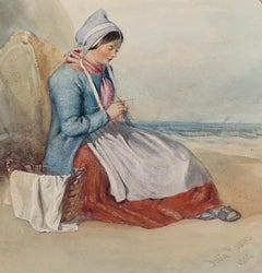 Delia Robins (fl. 1856-1858) - 1854 Watercolour, Knitting by the Sea