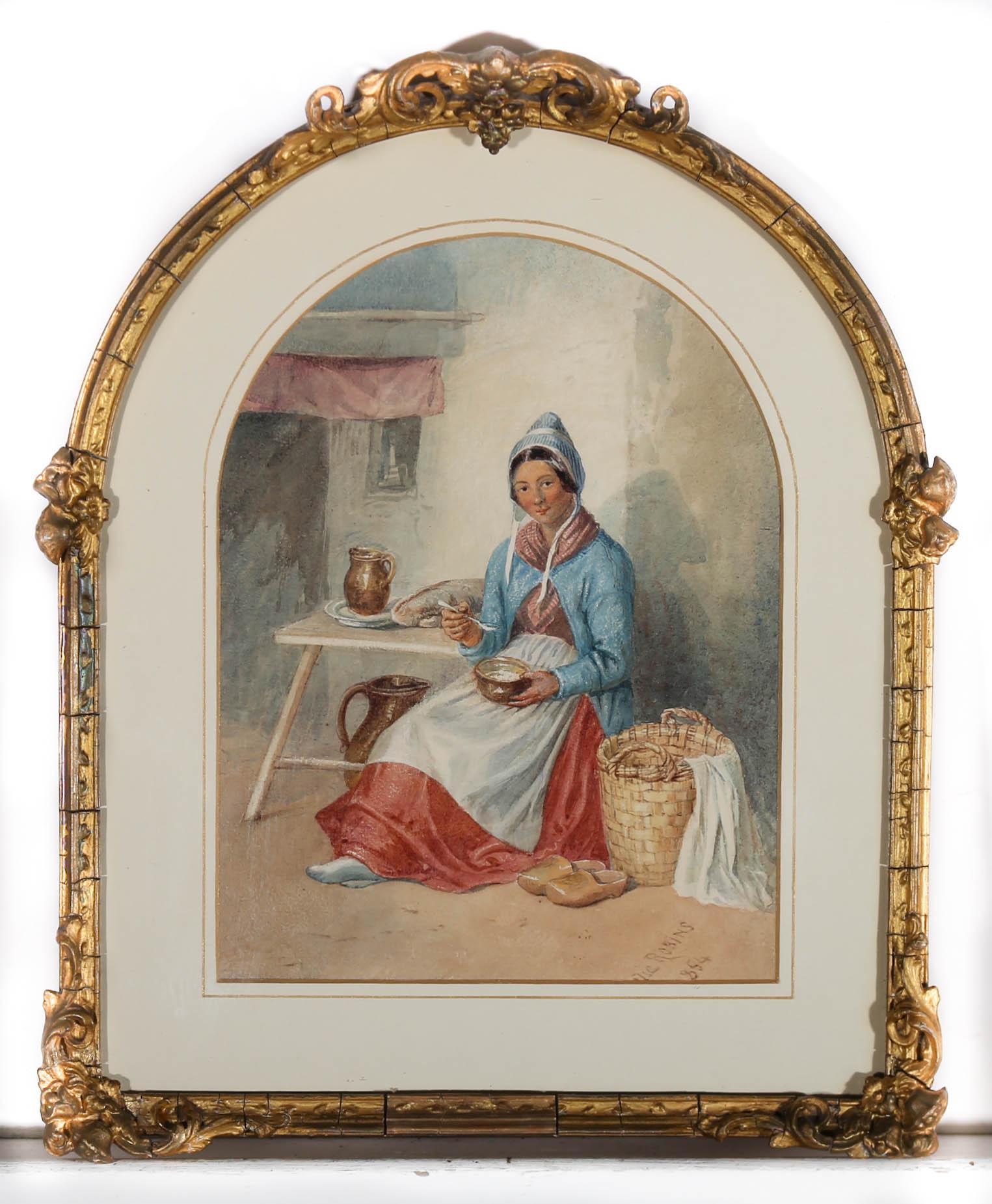 This delightful scene depicts a maid enjoying her dinner at the end of a long day. She has kicked her shoes to the side and stretches her legs out, long skirts falling around her side. The artist captures, charming, intricate details such as the
