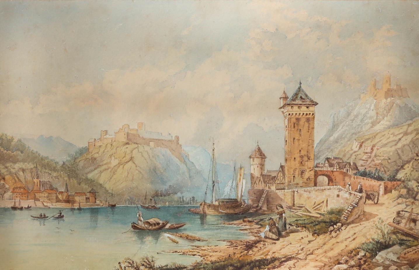 E. Anderson - 1874 Watercolour, Rheinfels and Sankt Goarshausen, Germany 1