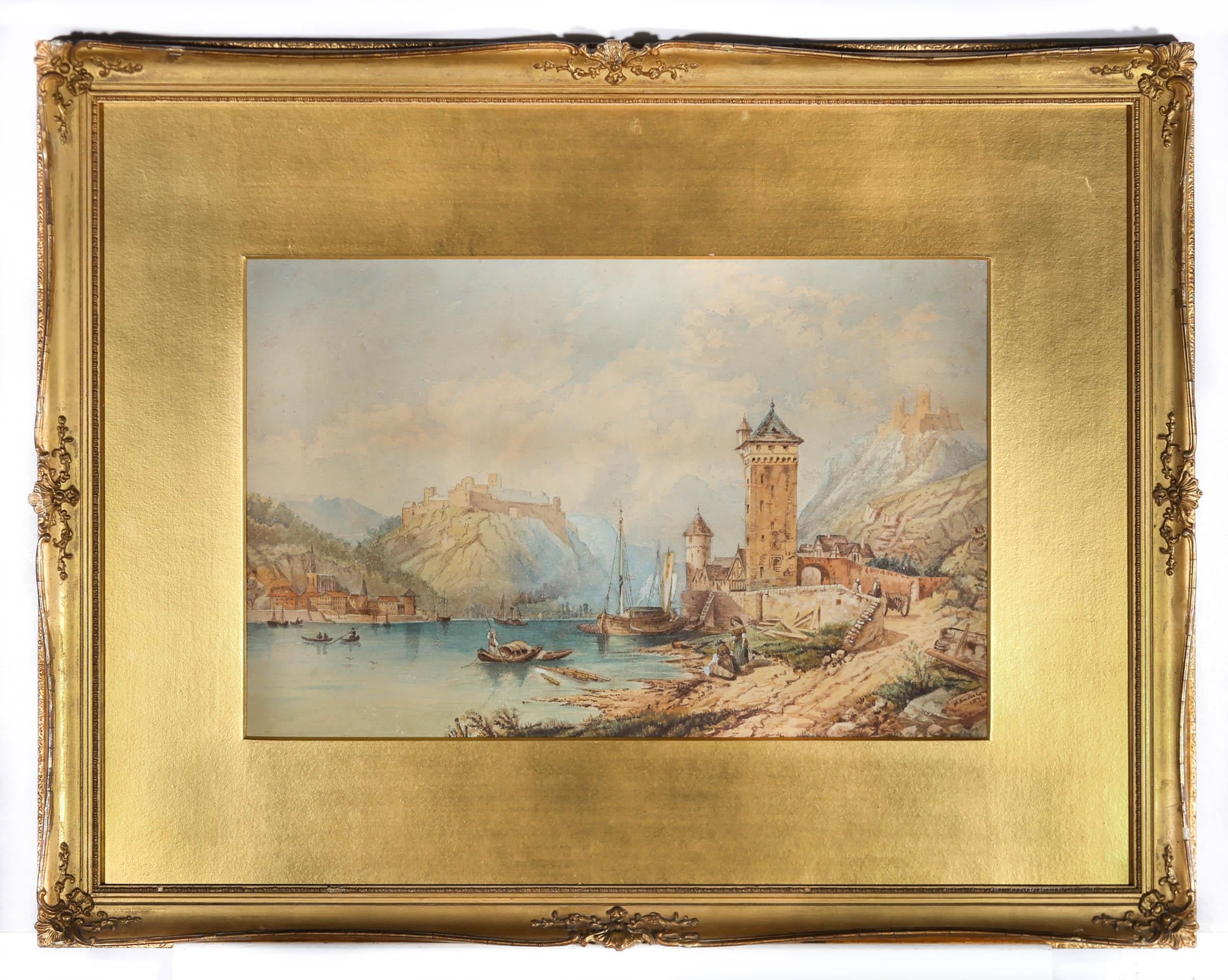 E. Anderson - 1874 Watercolour, Rheinfels and Sankt Goarshausen, Germany 2