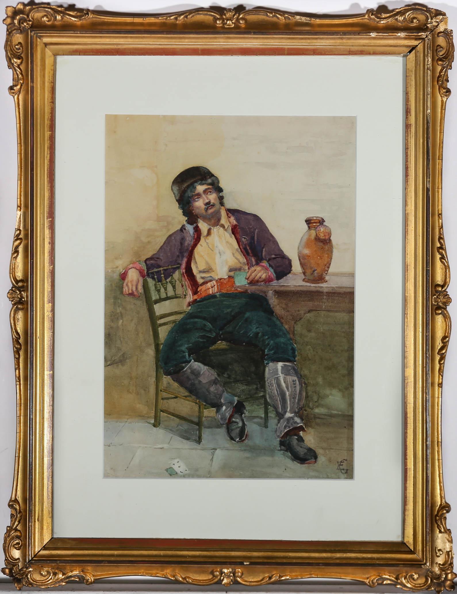 E.G. Portrait - E.G - Framed Late 19th Century Watercolour, The Card Player