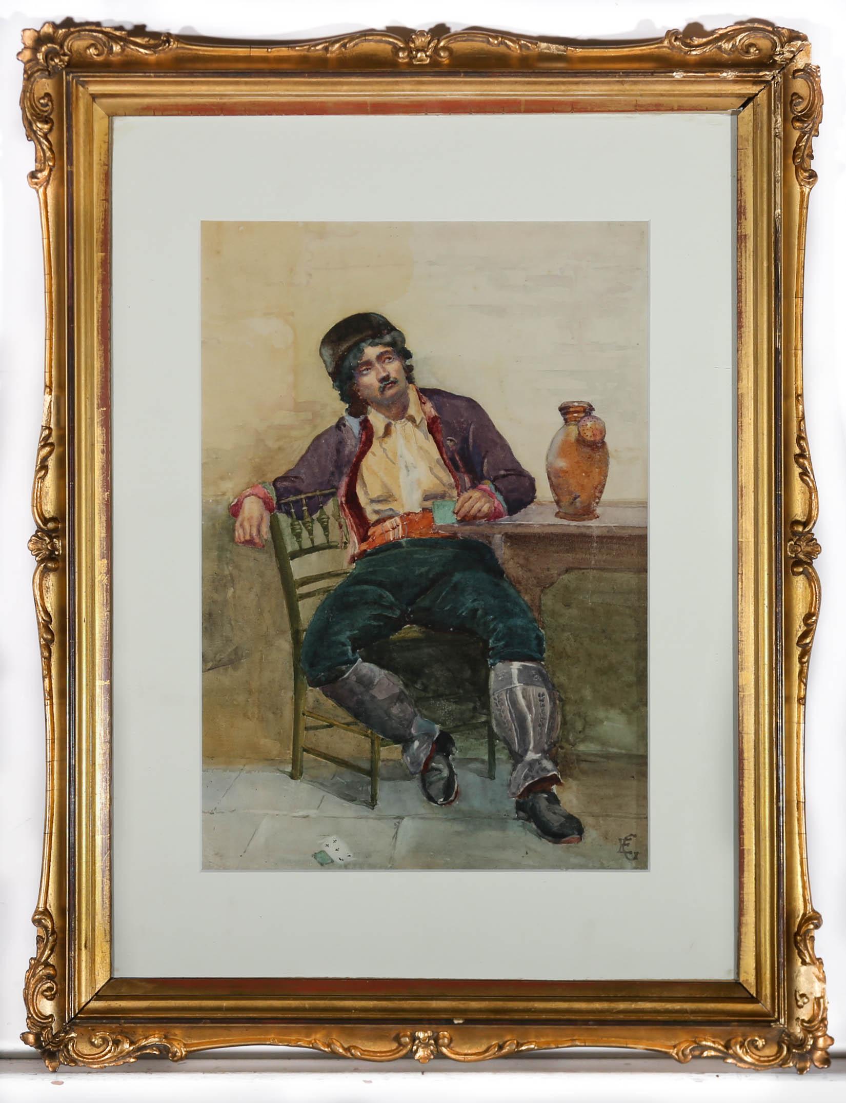 E.G - Aquarelle encadrée de la fin du XIXe siècle, Le joueur de cartes - Beige Portrait par E.G.