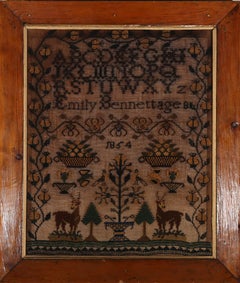 Antique Emily Bennett - Framed 1854 Embroidery, Flora & Fauna