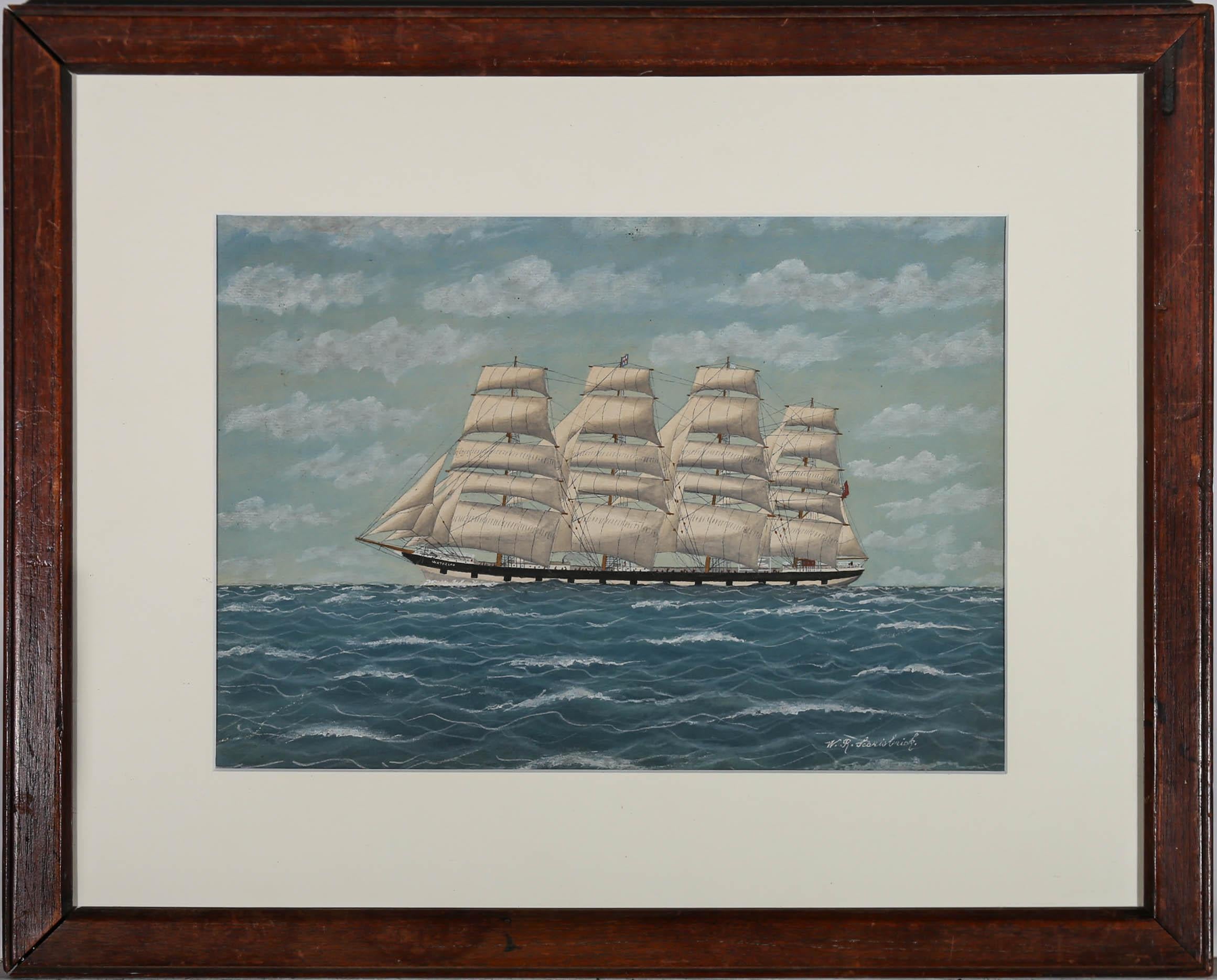 A refined late 19th Century nautical painting of the cargo ship, waterloo at full mast. Signed to the lower right-hand corner. Attractively presented in a new card mount and dark wooden frame. On watercolour paper.
