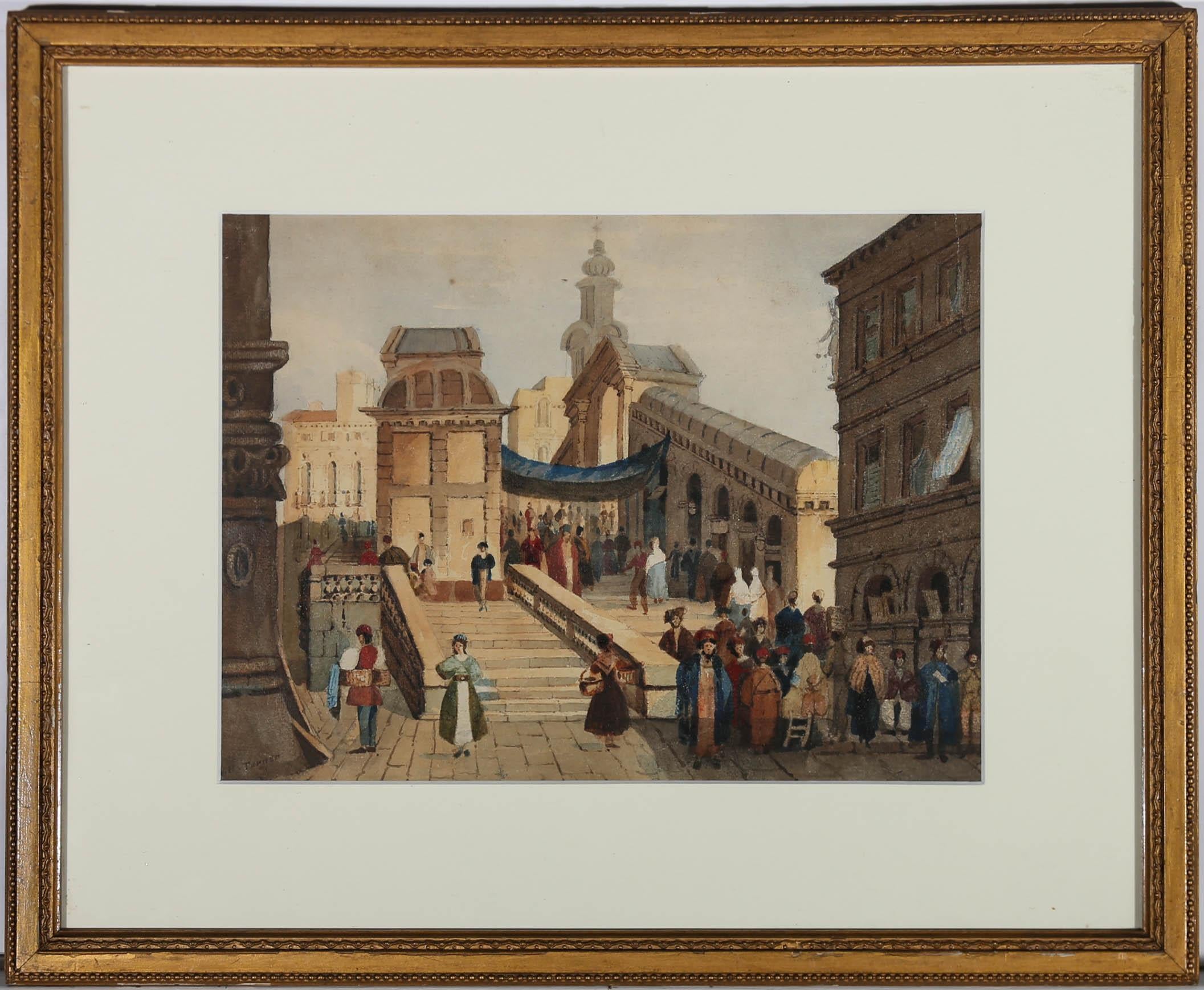 A bright and busy continental scene in watercolour depicting the Rialto Bridge in Venice. The painting is signed to the lower left-hand corner by the artist. Newly mounted in a slim gilt frame with bead course running pattern. On watercolour paper.
