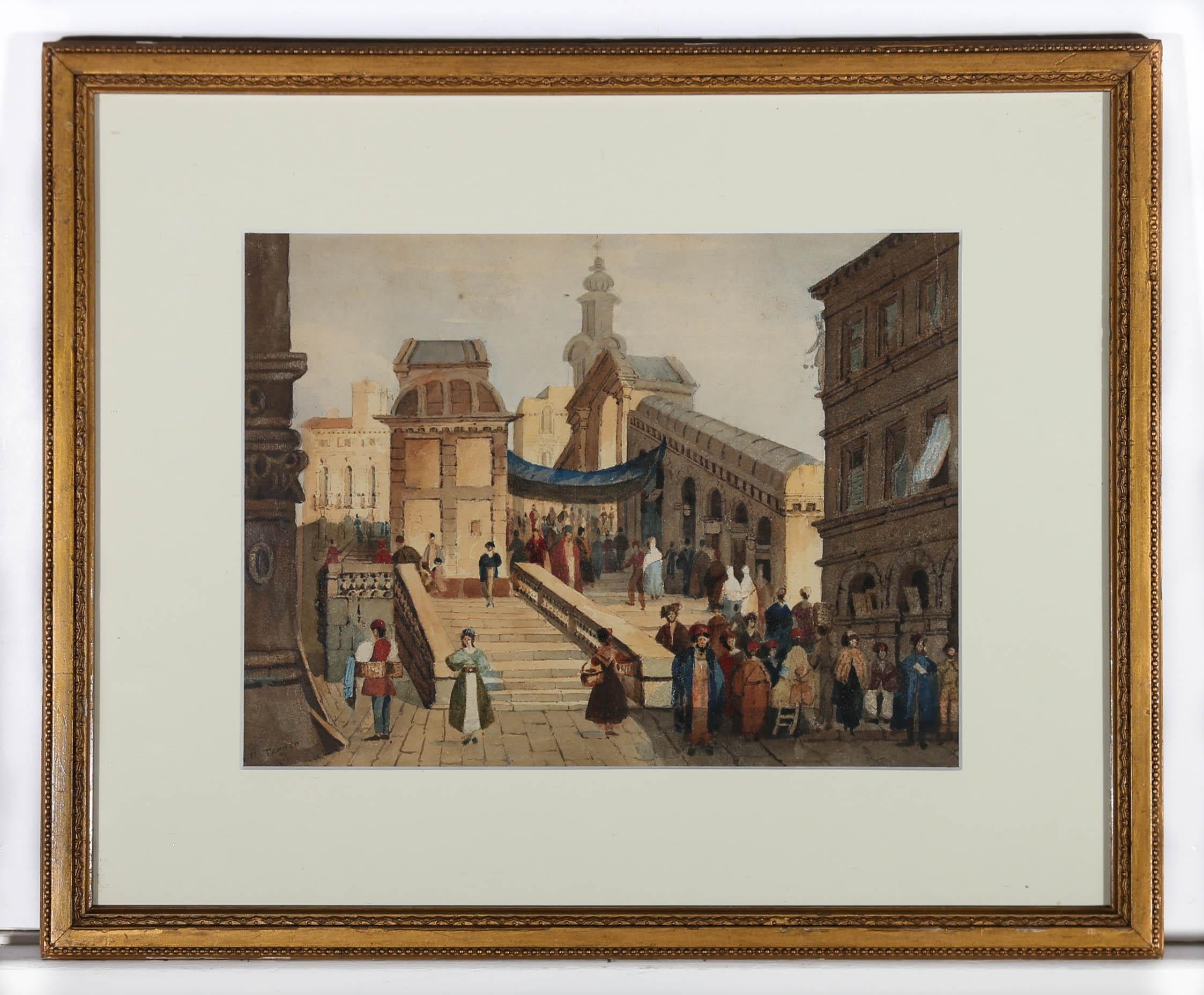 Eine helle und geschäftige kontinentale Szene in Aquarell, die die Rialto-Brücke in Venedig darstellt. Das Gemälde ist in der linken unteren Ecke vom Künstler signiert. Neu montiert in einem schlanken vergoldeten Rahmen mit Perlschnurverlauf. Auf