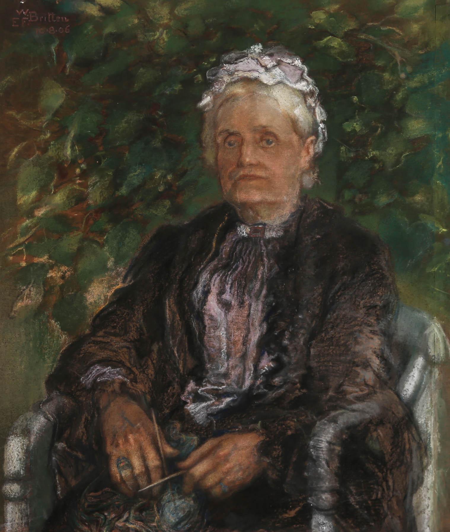A very fine early 20th Century portrait in delicate pastel, showing a refined older woman in elegant black dress with a white lace cap. She holds her knitting in her lap as she gazes off into the distance. The portrait has a beautiful haziness about