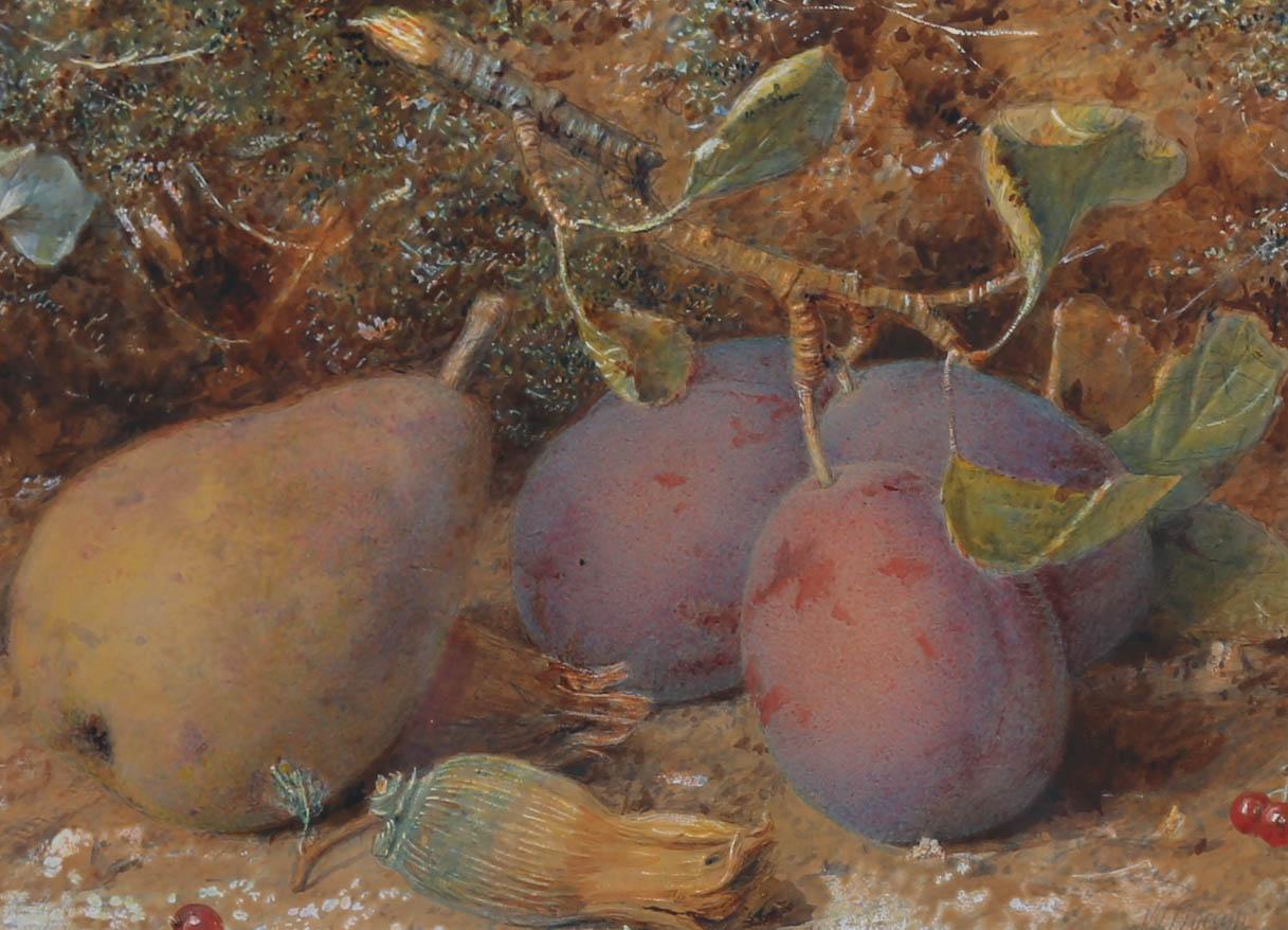 This accomplished watercolour study by well listed artist William Hough depicts a pear and plums in a natural setting. Painted in fine detail, the artist uses his signature style to create a realistic setting with delicate tree branches and a mossy