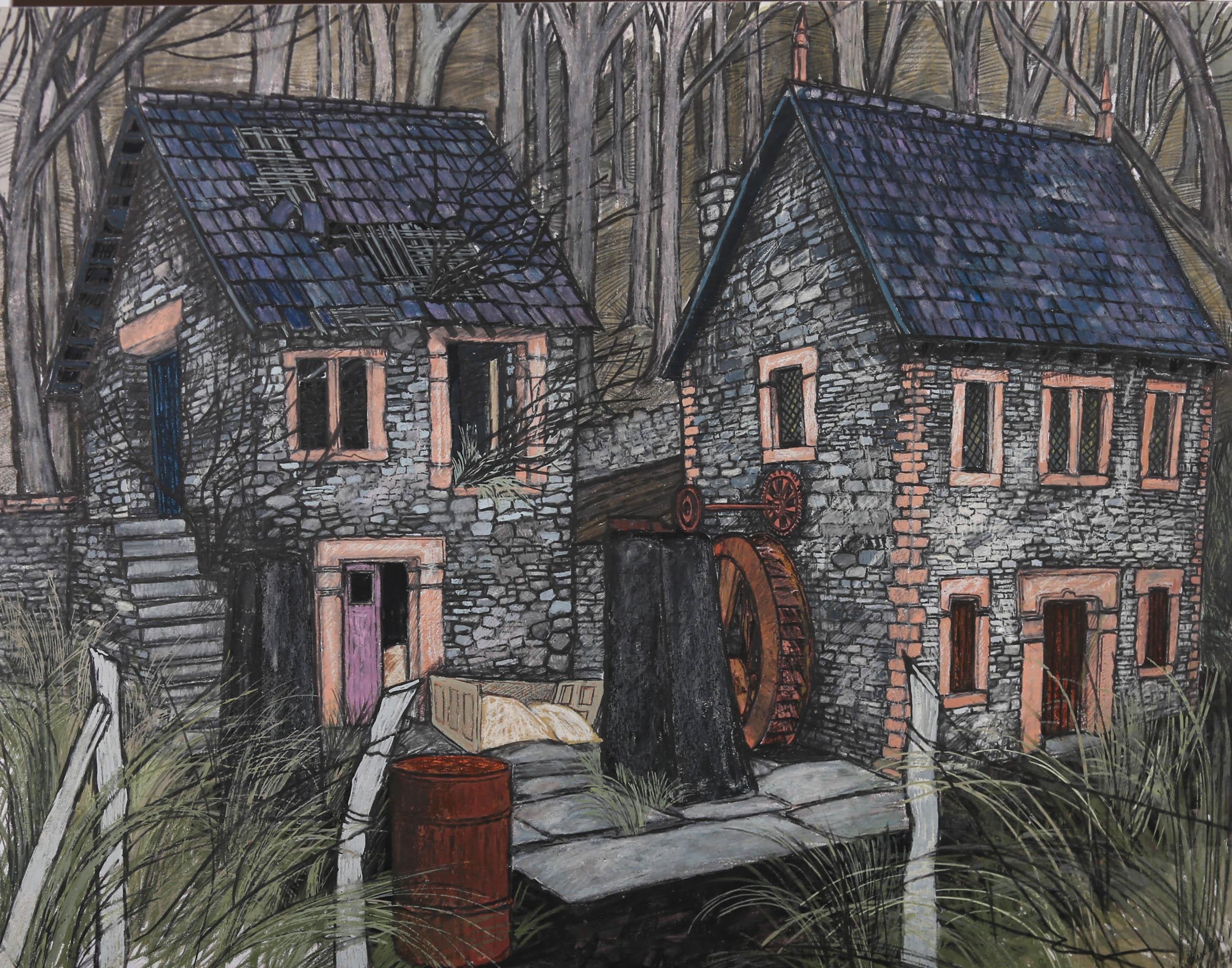 A charming study of an abandoned mill in a forest setting. Completed in pastel, gouache and charcoal. Titled and dated to the lower right. On paper laid to card .
