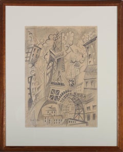 After Robert Delaunay - Early 20th Century Graphite Drawing, Red Eiffel Tower