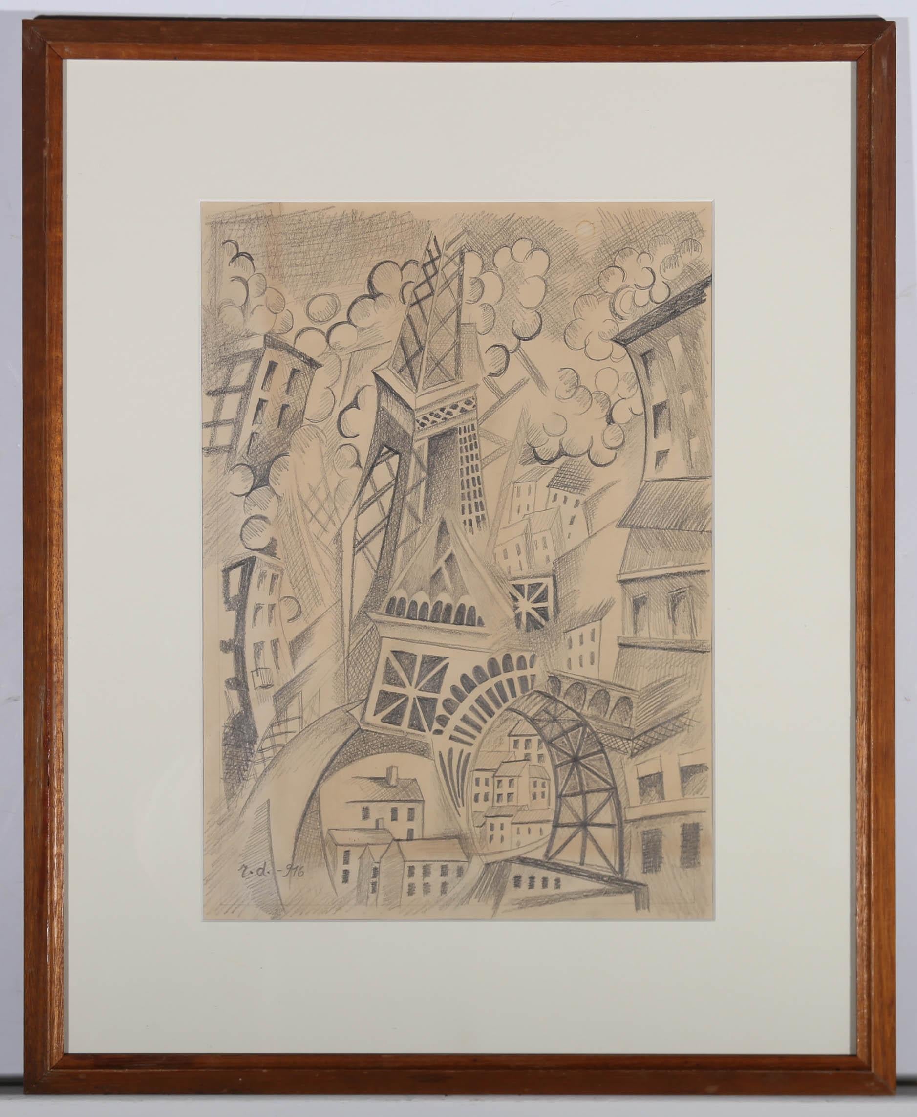 After Robert Delaunay - Early 20th Century Graphite Drawing, Red Eiffel Tower 2