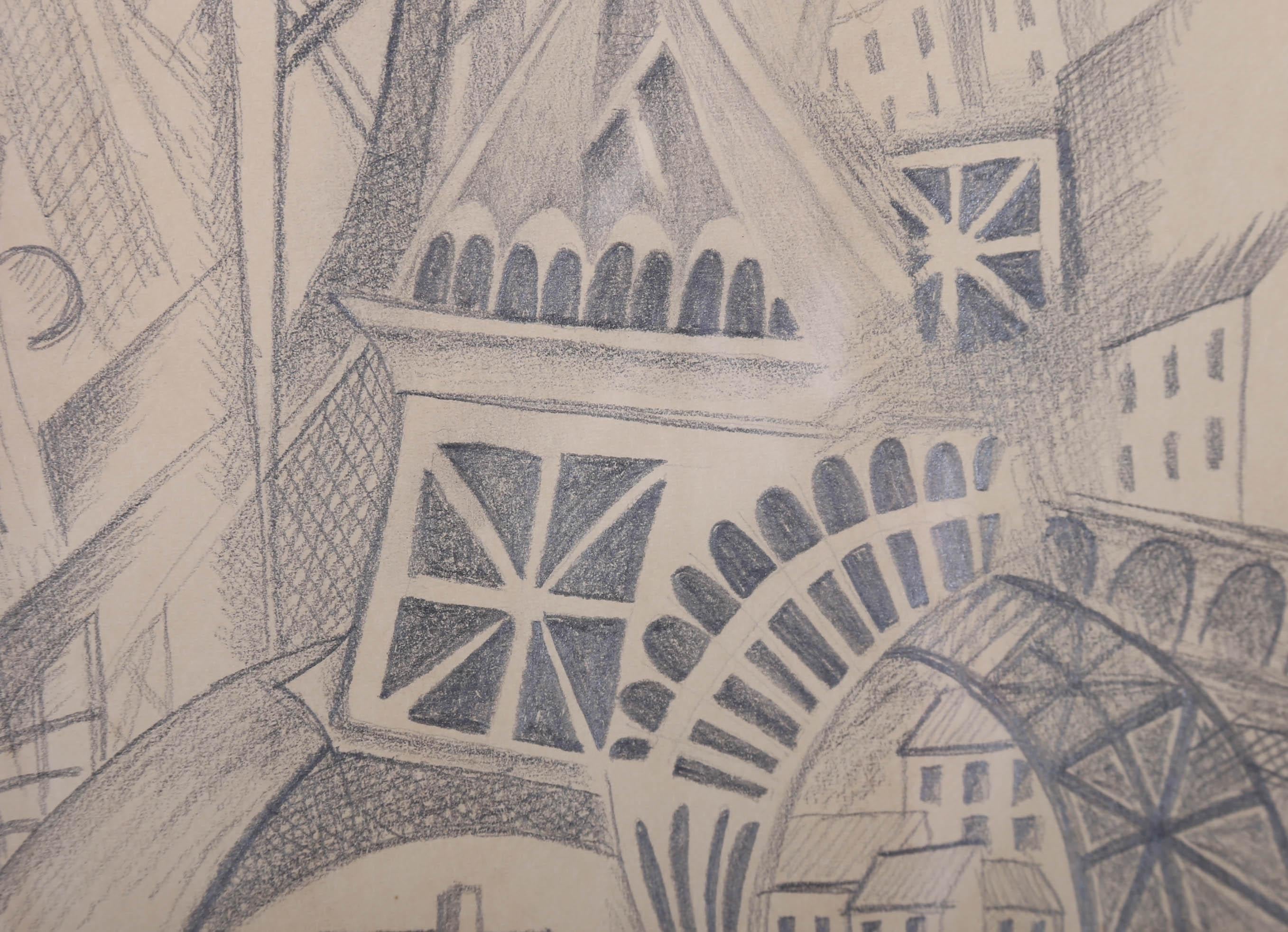 After Robert Delaunay - Early 20th Century Graphite Drawing, Red Eiffel Tower 4