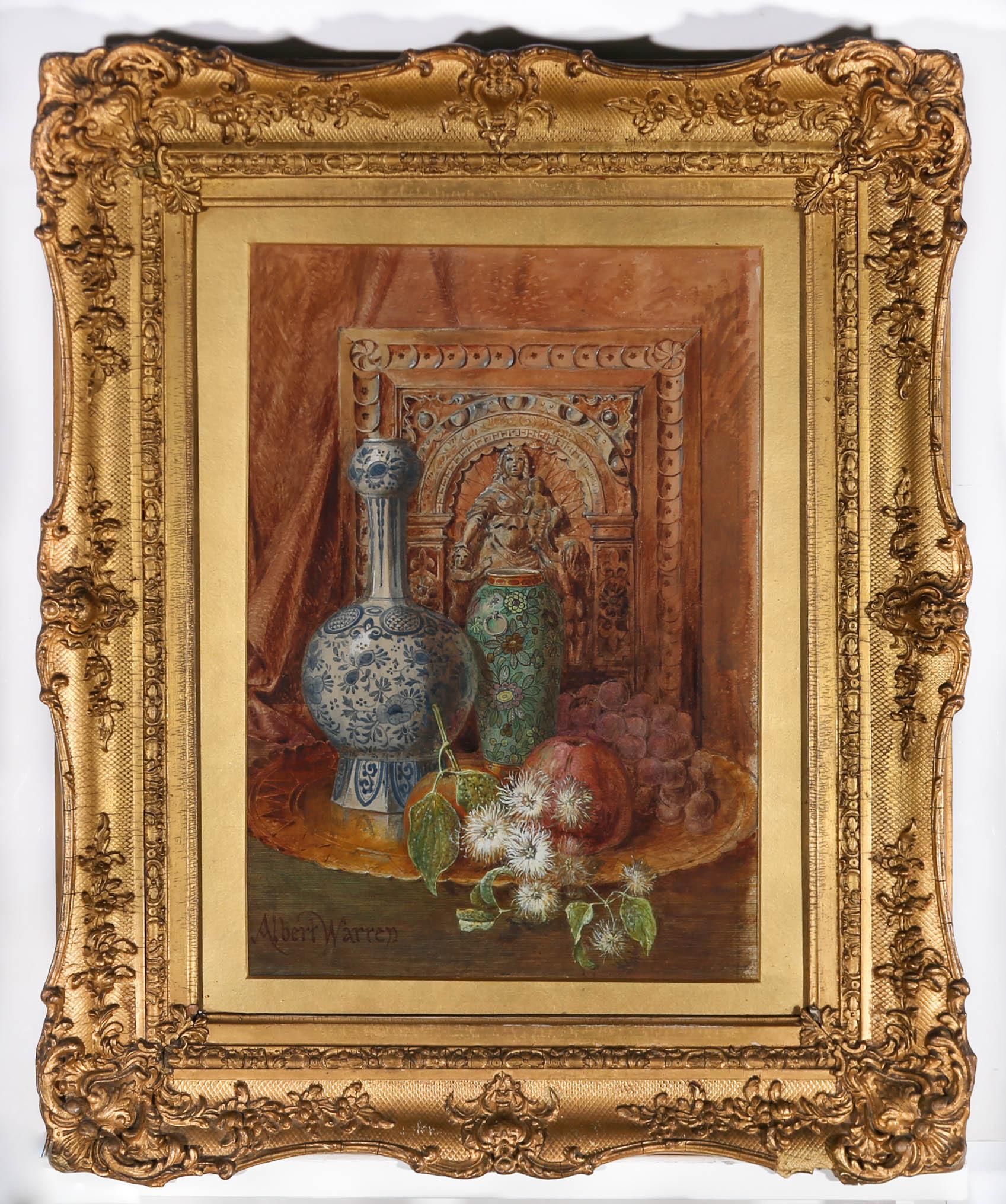 A finely detailed, late Victorian still life in watercolour, showing floral vases, a carved icon tile, fruit and a sprig of old man's beard, all on a brass tray. The painting shows the exactitude and skill of the artist's hand, refined over many