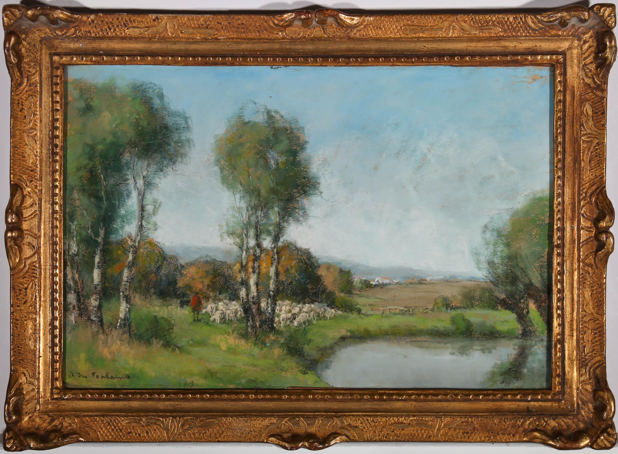 Andre des Fontains Landscape Art - Andre des Fontaines (1869-1910) - French School Pastel, Shepherd & His Flock