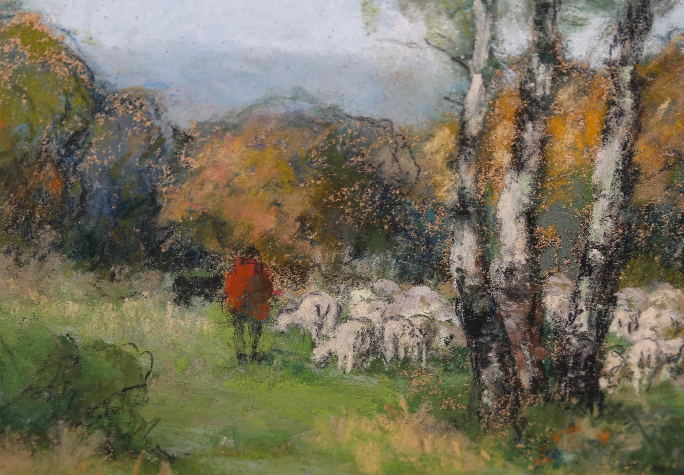 Andre des Fontaines (1869-1910) - French School Pastel, Shepherd & His Flock For Sale 1