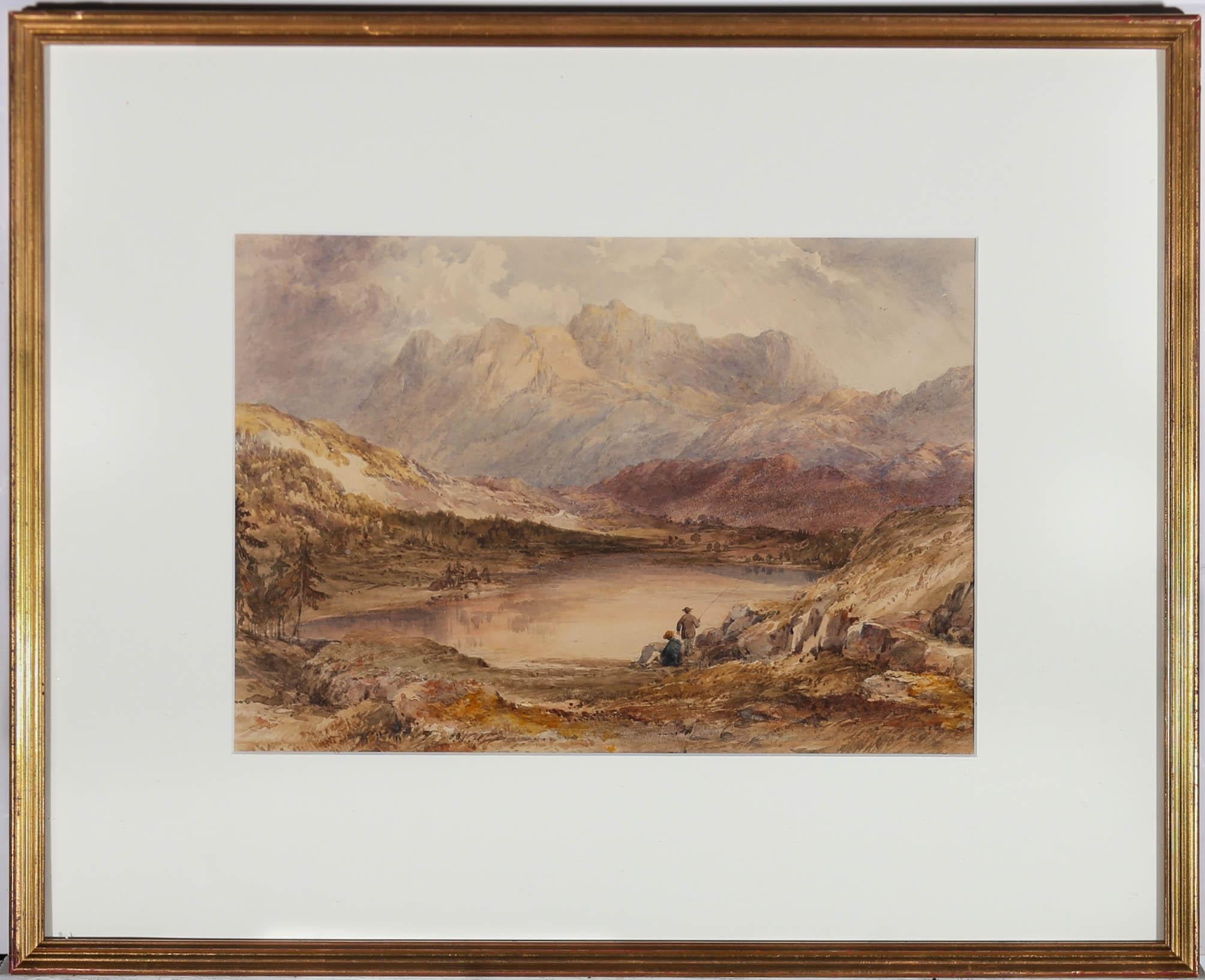 A charming watercolour scene attributed to the British artist James Baker Pyne. This idyllic scene depicts two men fishing before a beautiful Lake District landscape with distant mountains captured in fine detail. Unsigned. Presented in a simple