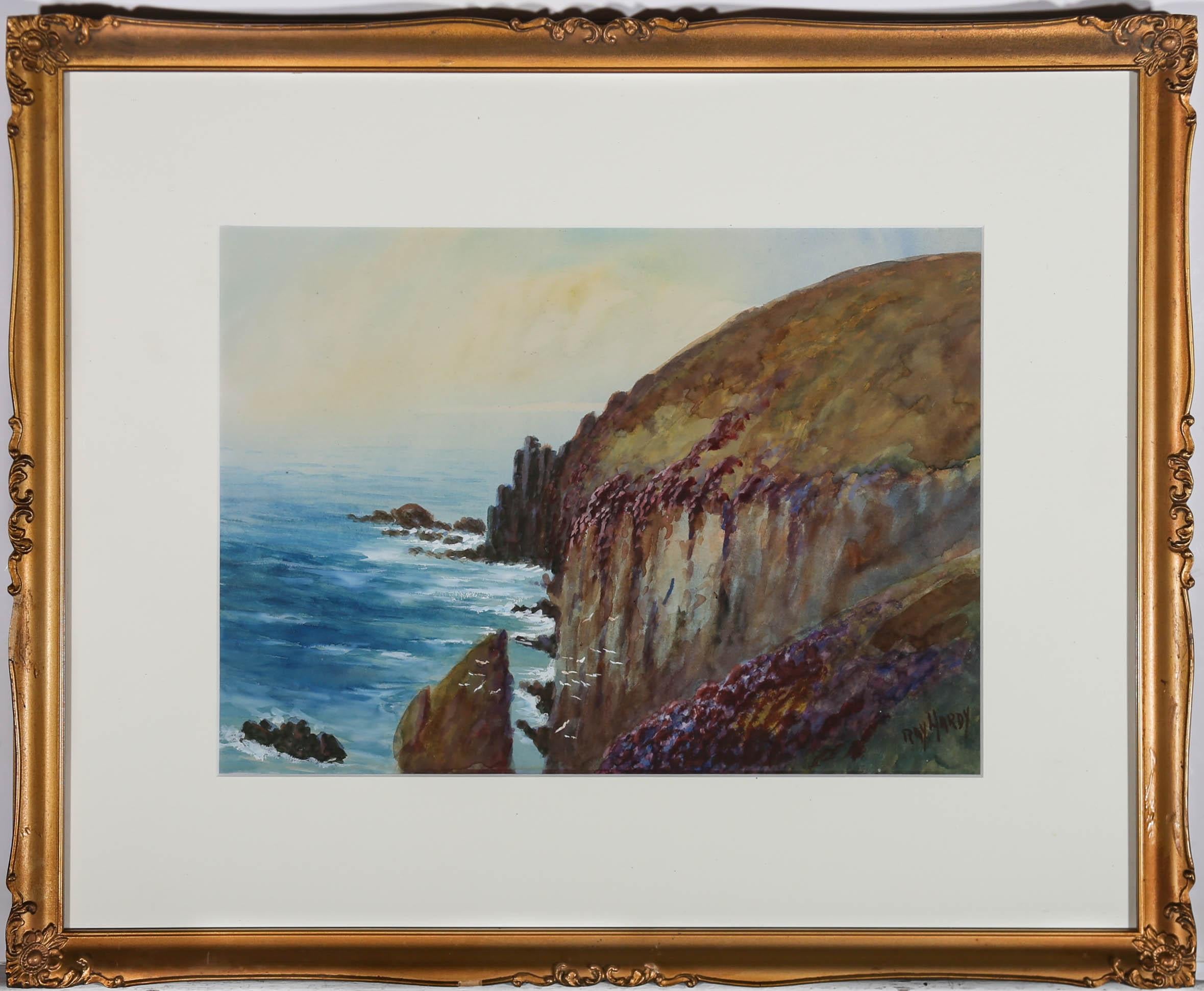 Painted in a bold and refreshing colour palette is this striking view of Land's End by British painter Ray Hardy. Signed to the lower right. The coastal scene has been well presented in a elegant gilt and swept frame with corner and center