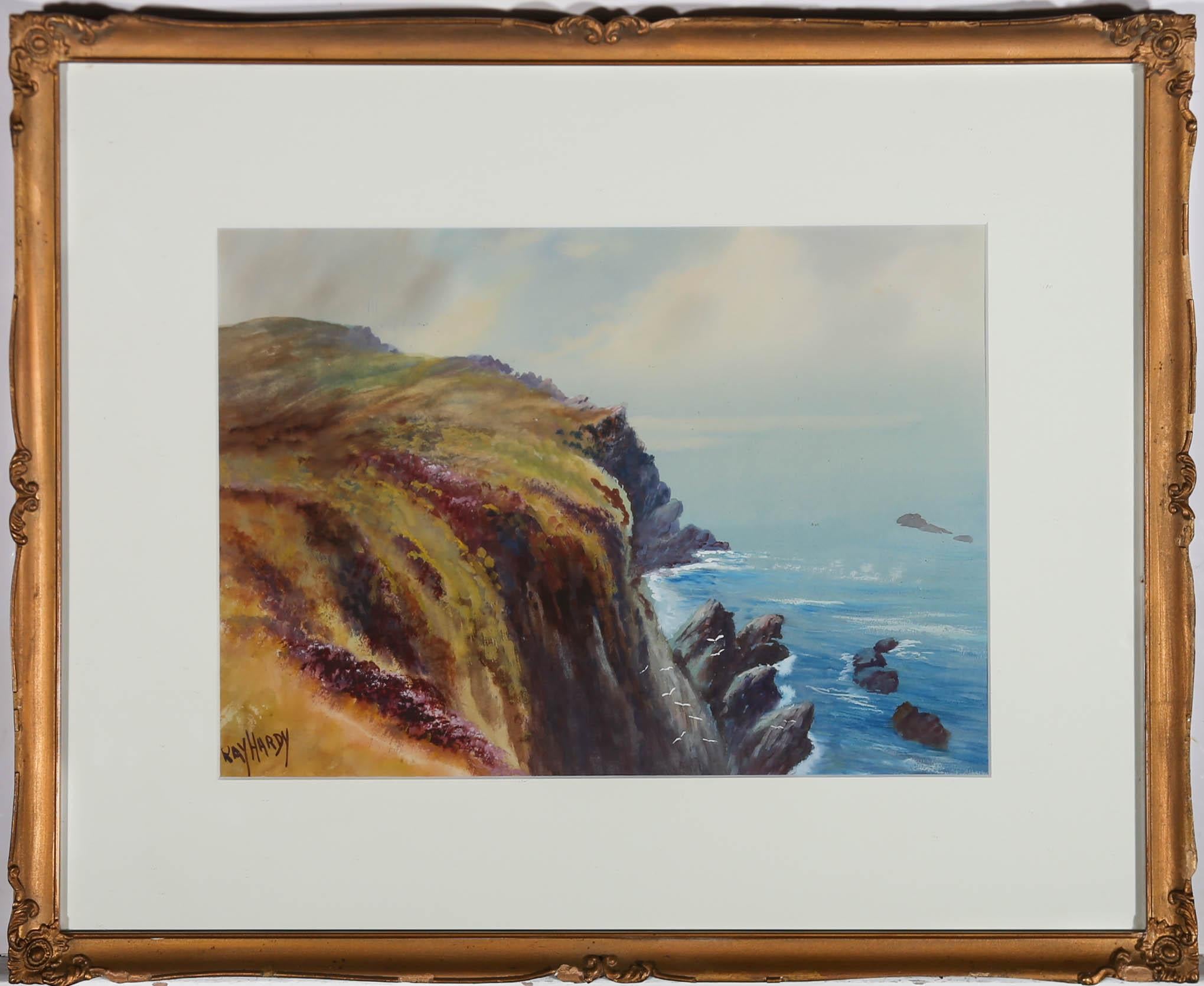 Painted in a bold and refreshing colour palette is this striking view of Caerthillian Cove by British painter Ray Hardy. Signed to the lower left. The coastal scene has been well presented in a elegant gilt and swept frame with corner and center