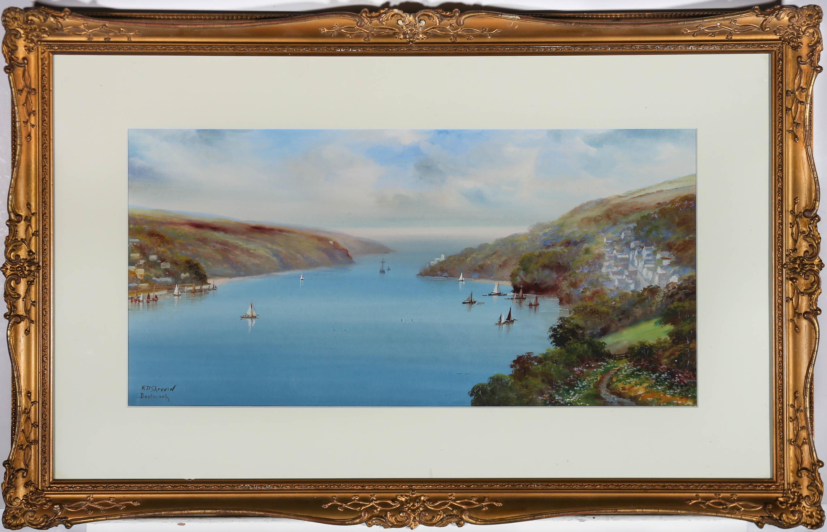 Esta cautivadora pintura al gouache del artista británico Reginald Daniel Sherrin (1891-1971), representa una vista costera en la desembocadura del río Dart, con barcos de vela cruzando fugazmente el agua. El cuadro está firmado en la esquina