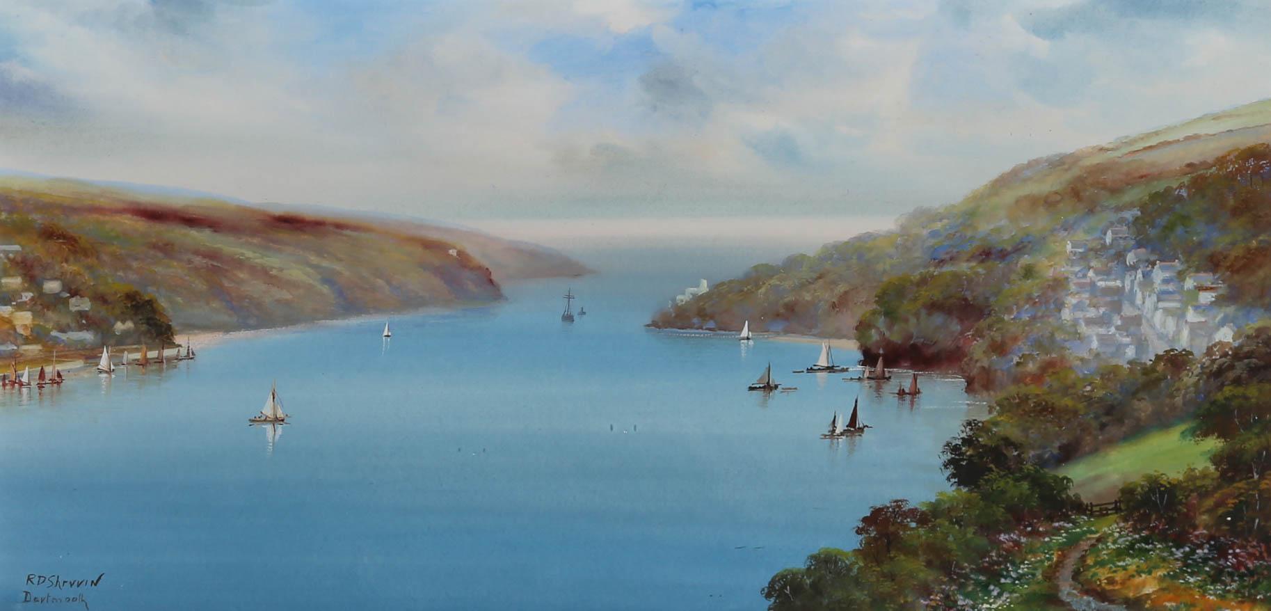 This captivating gouache painting by British artist Reginald Daniel Sherrin (1891-1971), depicts a coastal view at the mouth of the river Dart with sailing boats fleeting across the water. The painting is signed to the lower left-hand corner. Newly
