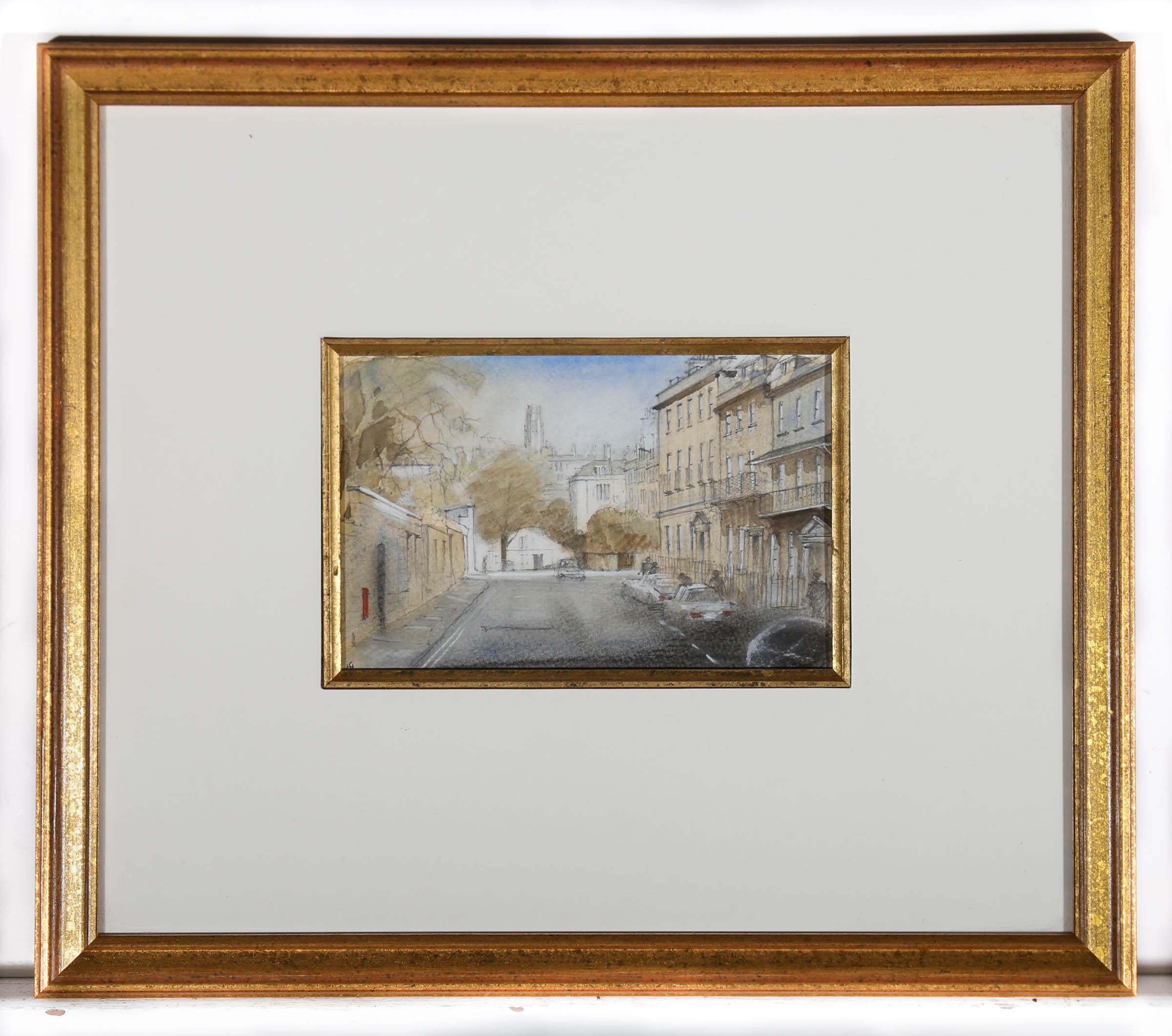 This delightful watercolour by South West artist Simon Hodges depicts a view down Upper Church Street, with the tower of St. Stephens visible above the Georgian architecture of Bath. Signed with monogram to the lower left. The painting has been