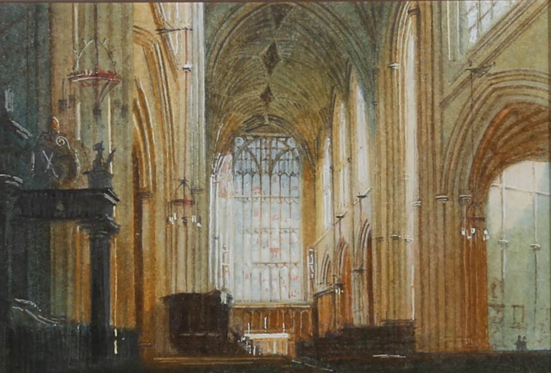 Simon B. Hodges (né en 1956) - Aquarelle du 20e siècle encadrée, intérieur de l'abbaye de Bath en vente 1