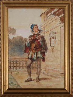 Simonetti - Late 19th Century Watercolour, Minstrel by a Balcony