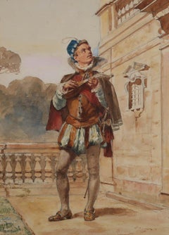 Simonetti - Late 19th Century Watercolour, Minstrel by a Balcony