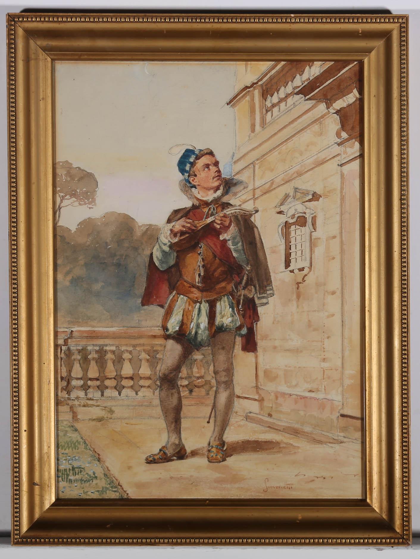 Simonetti - Late 19th Century Watercolour, Minstrel by a Balcony For Sale 1