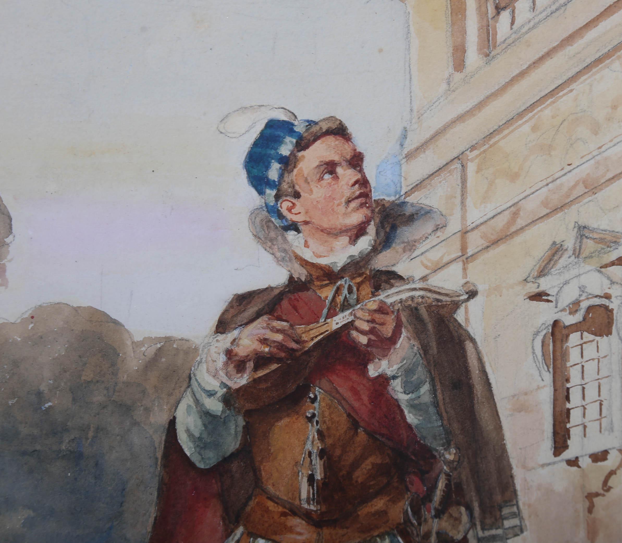 Simonetti - Late 19th Century Watercolour, Minstrel by a Balcony For Sale 3