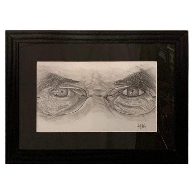 Portrait of a Man Charcoal Drawing Entitled "Intense Gaze", Signed and Framed 