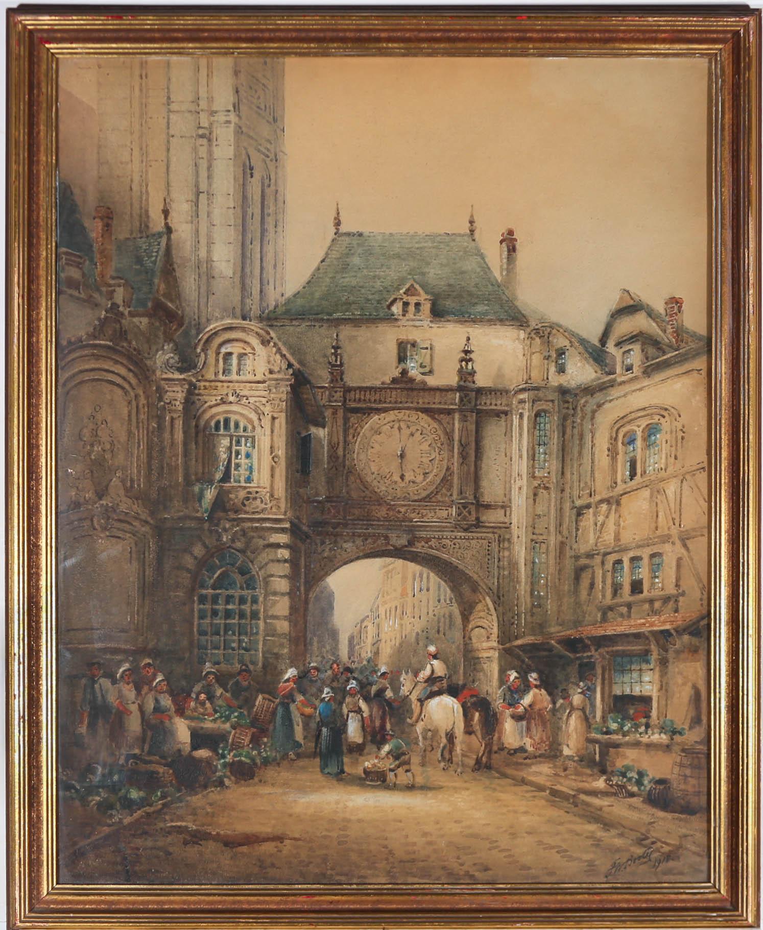 A charming watercolour scene by British artist Frederick William Booty (1840-1924), depicting the bustling streets of Rouen. Dominating the artist's paper is a detailed study of the Gros-Horloge. A 14th century astronomical clock found in the city's