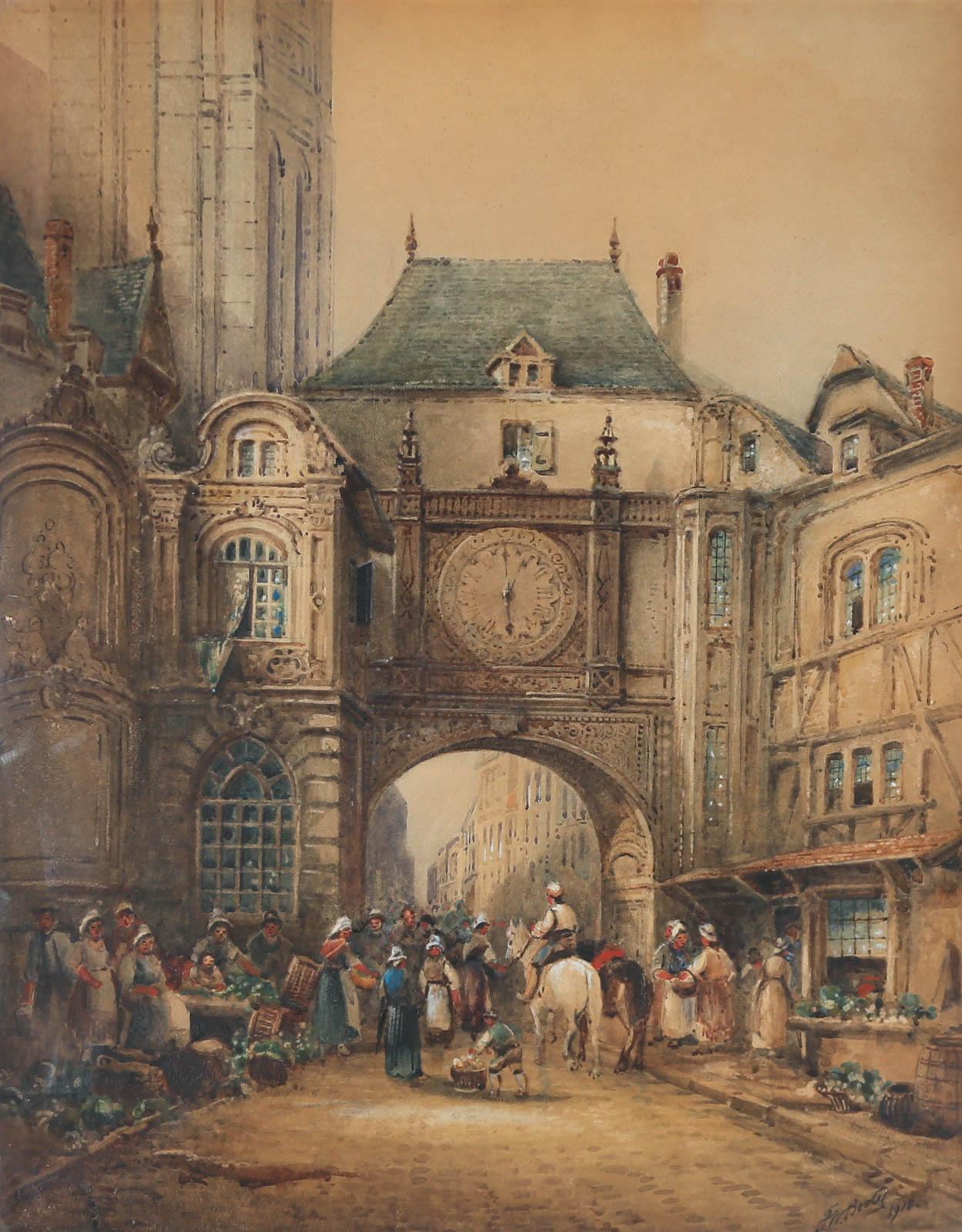 Frederick William Booty (1840-1924) - Framed Watercolour, Gros-Horloge Market For Sale 1
