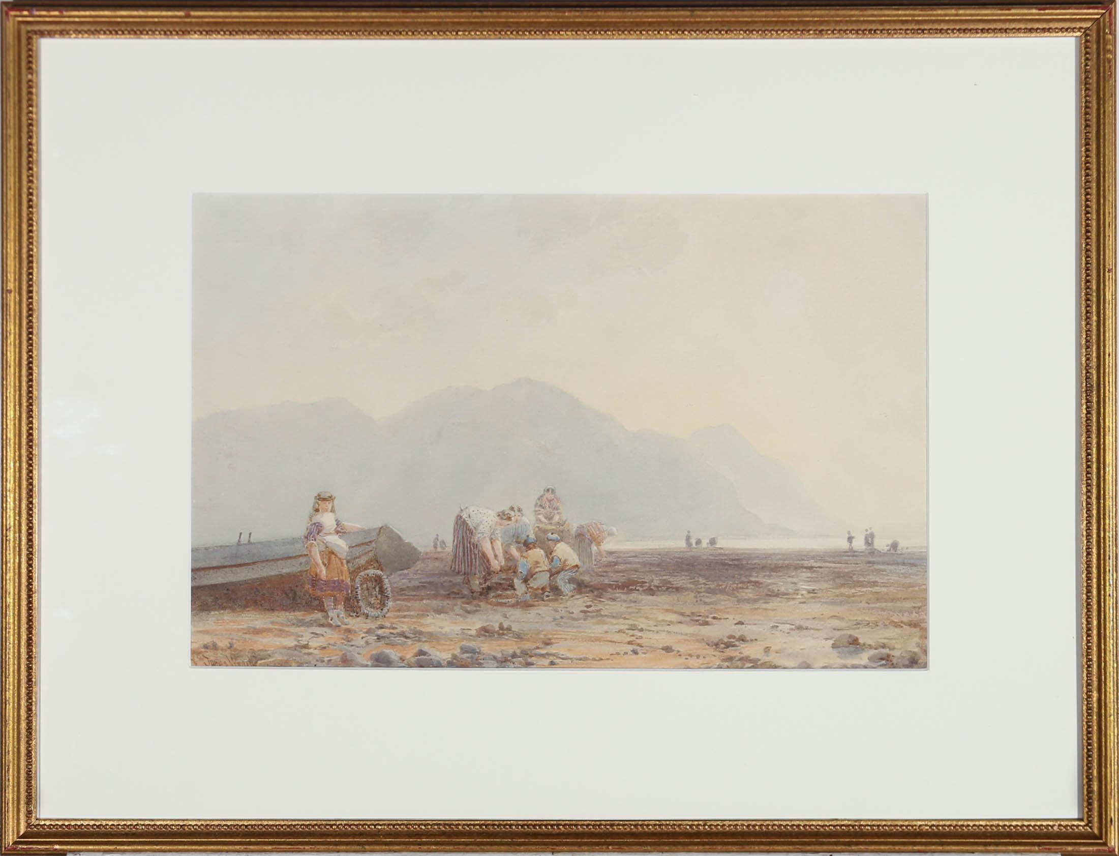 Une délicieuse aquarelle du peintre paysagiste James Whaite (fl.1876-1896), représentant des cueilleurs de coques sur une grande plage du nord du Pays de Galles. Signé dans le coin inférieur gauche. Bien présenté dans un élégant cadre à effet doré